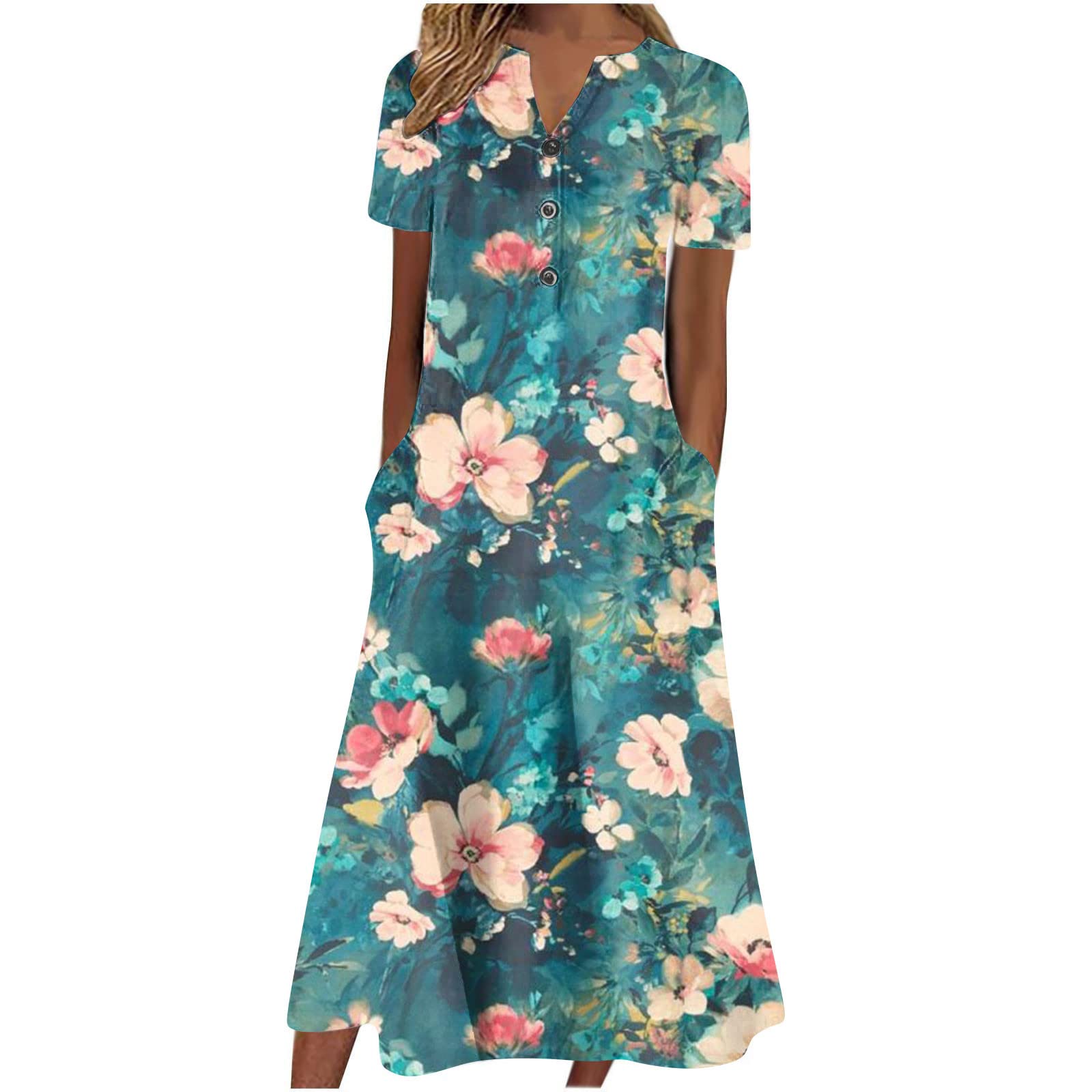 Gamivast Women's Midi Dress - Button V-Neck Short Sleeve Floral Print Summer Dress with Pockets | Casual Boho Style for Beach, Vacation & Everyday Wear