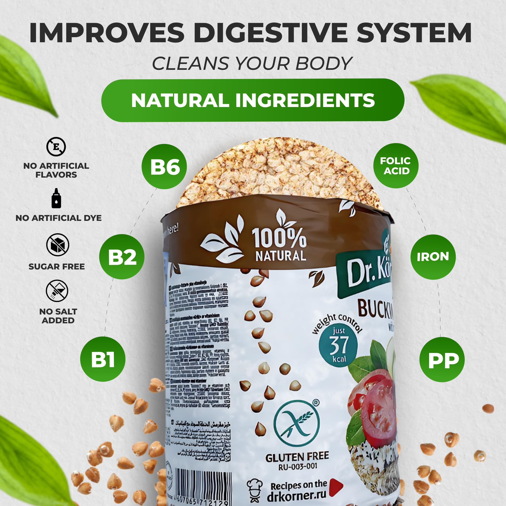 Dr. Korner Gluten Free Buckwheat Crispbreads - Sugar Free, Salt Free, Vegan Puffed Cakes, 3.53 oz (Pack of 10) | Healthy Snack for Weight Loss, Keto Diet & On-the-Go Breakfast | UNIPROMAX