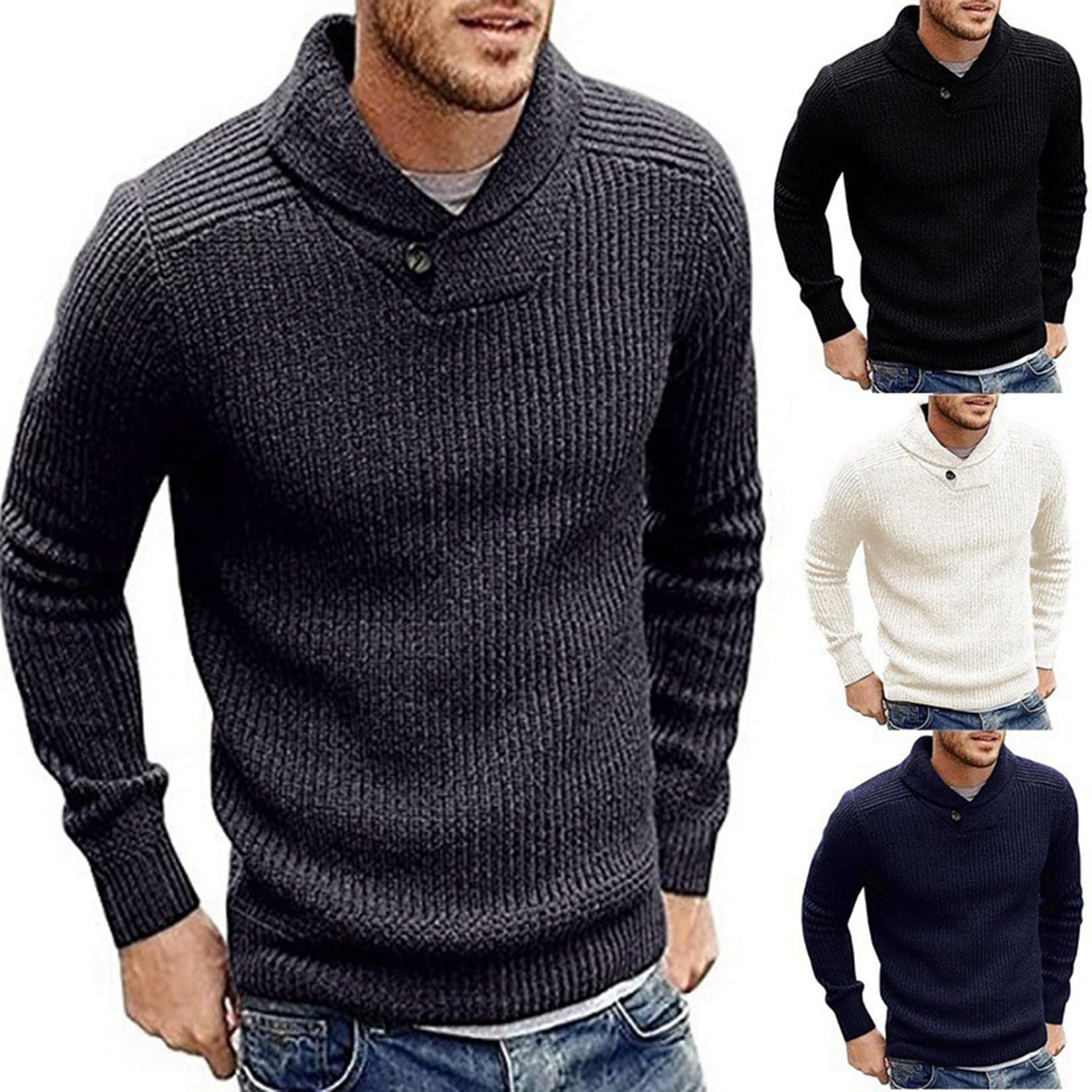 Men's Slim Fit Chunky Knit Sweater - Shawl Collar Pullover for Casual Wear