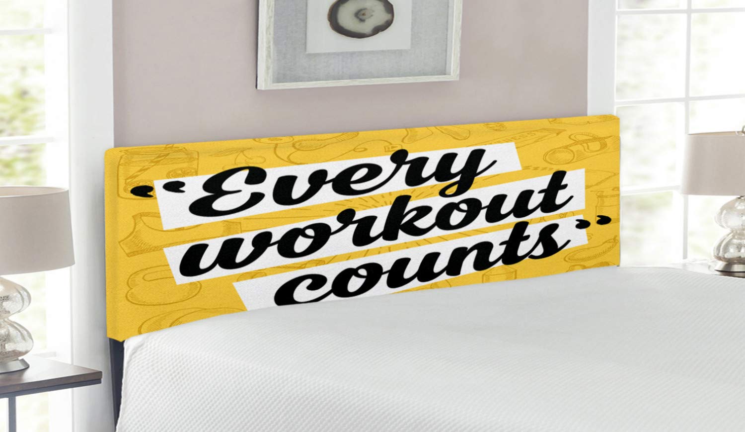 Ambesonne Fitness Headboard - Upholstered Decorative Metal Bed Headboard with Memory Foam, Queen Size in Yellow, White & Black | Motivational Workout Quote Design | Perfect for Home Gym, Bedroom & Sports-Themed Decor