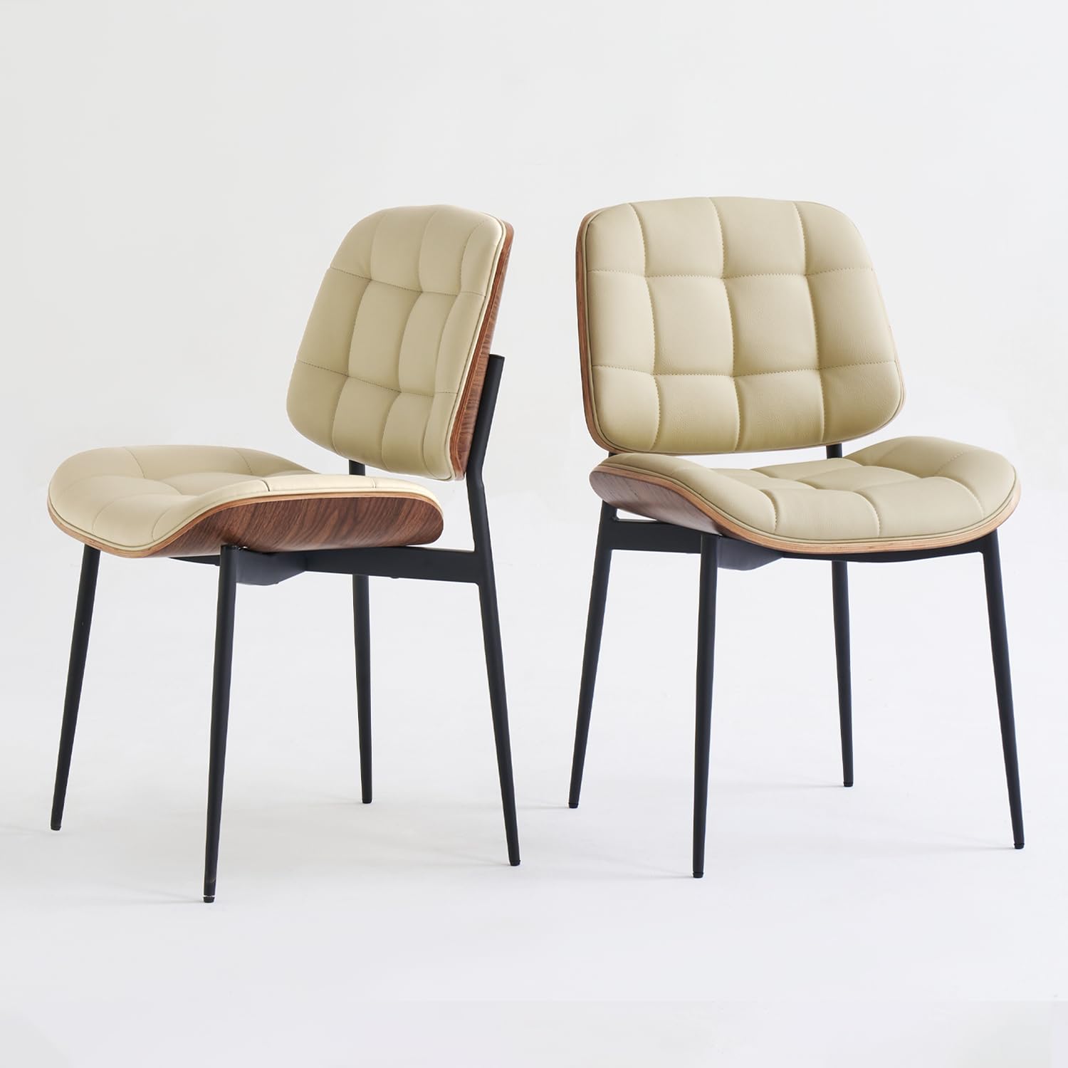 Mid Century Modern Dining Chairs Set of 4 - Walnut Grain Back, Beige Faux Leather Upholstery, Checkered Soft Cushion & Adjustable Foot Pads - Elegant Kitchen & Dining Room Chairs for Home, Restaurant or Cafe