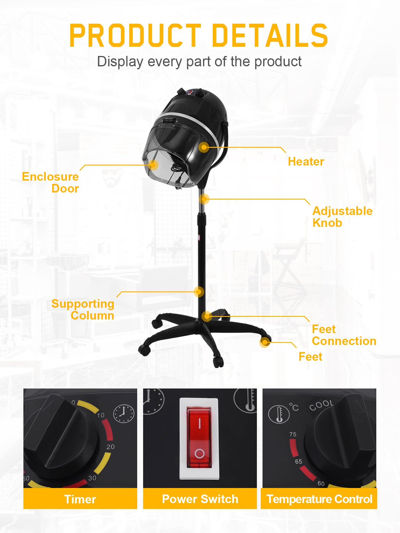 Professional 1050W Salon Hair Dryer with Adjustable Temperature (0-167℉) & Timer (0-60 Min) - Low Noise Standing Hooded Dryer for Home & Salon Use (31-51