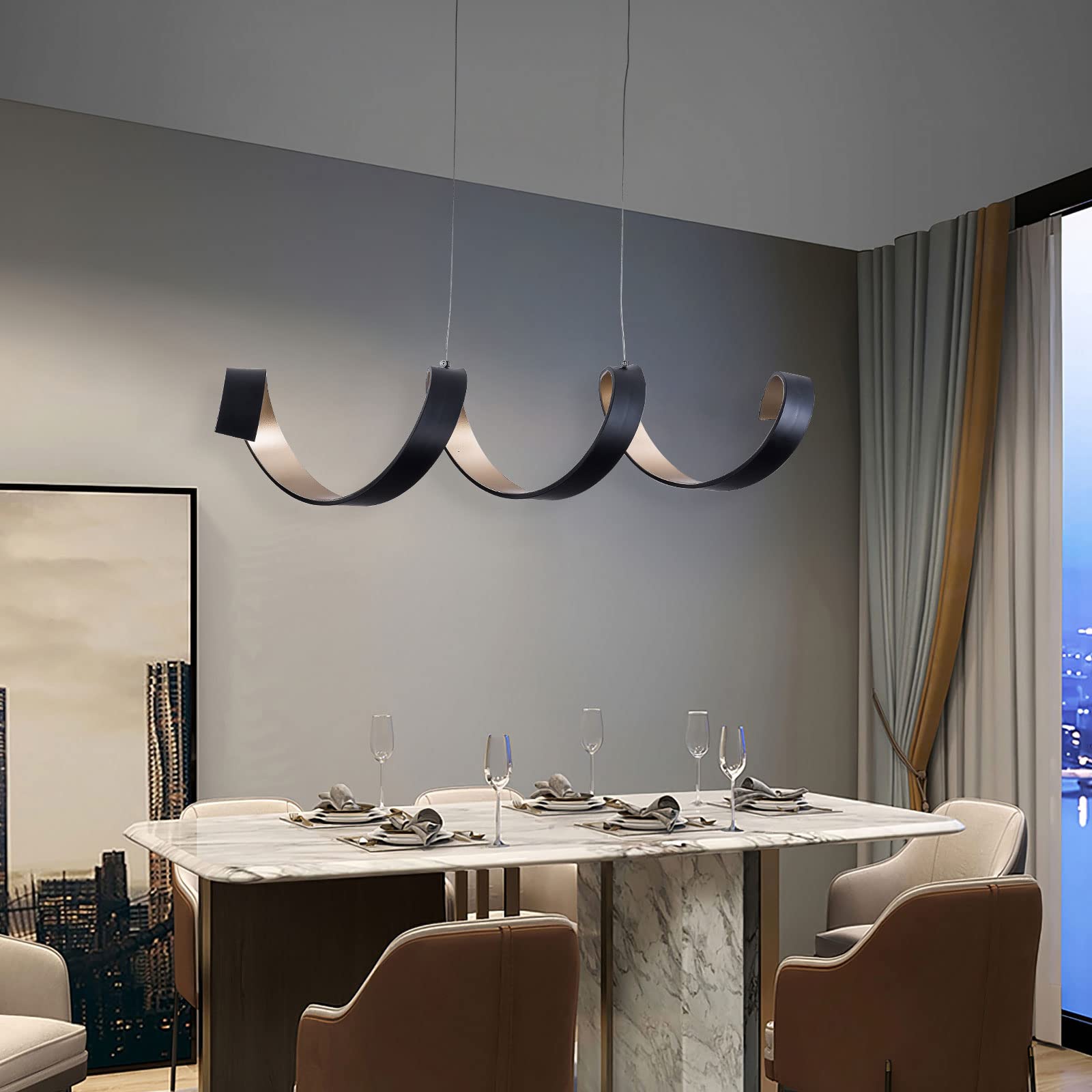 TFCFL Modern Wave LED Pendant Light - Spiral Island Chandelier with COB Technology, Black Linear Ceiling Lamp for Contemporary Living Room, Dining Room & Kitchen Island Table | Perfect for Modern Home Decor, Restaurant Lighting and Office Spaces