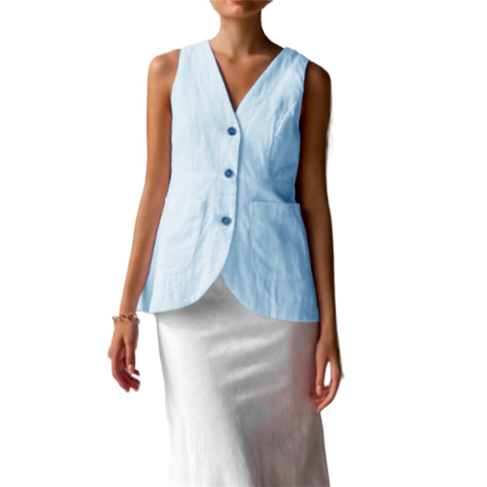 Elegant French Style Women's Long V-Neck Linen Vest with Pockets - Casual Summer Tops for Office Wear, Beach Outfits & Travel Essentials