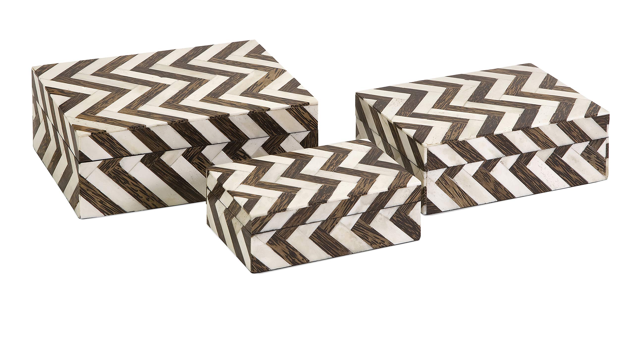 IMAX 19911-3 Handcrafted Zig Zag Bone Inlay Jewelry Box Set of 3 - Perfect for Home Decor, Jewelry Storage & Gift Giving