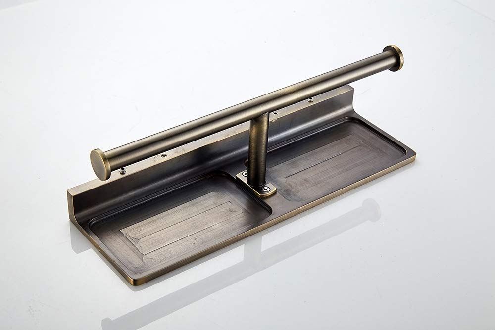 Brushed Bronze Double Toilet Paper Holder with Storage Shelf - Wall Mounted Bathroom Tissue Dispenser for Home & Hotel - Perfect for Small Spaces, Powder Rooms & Luxury Bathrooms