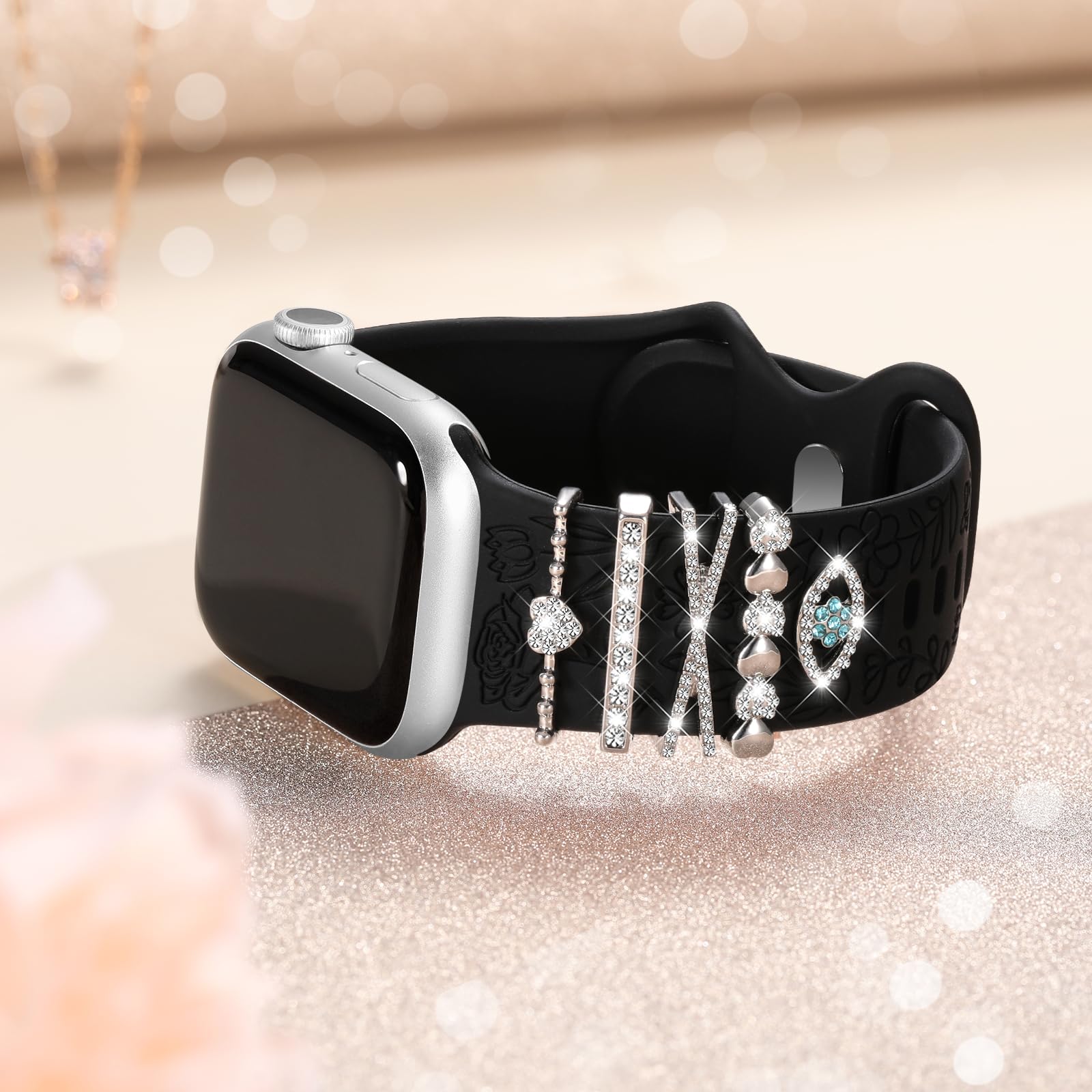 DaQin Floral Engraved Silicone Band Compatible with Apple Watch 38mm/40mm/41mm/42mm/44mm/45mm - Stylish Replacement Strap for Women's iWatch Series SE/1/2/3/4/5/6/7/8/9 - Perfect for Workouts, Office & Everyday Fashion Accessory