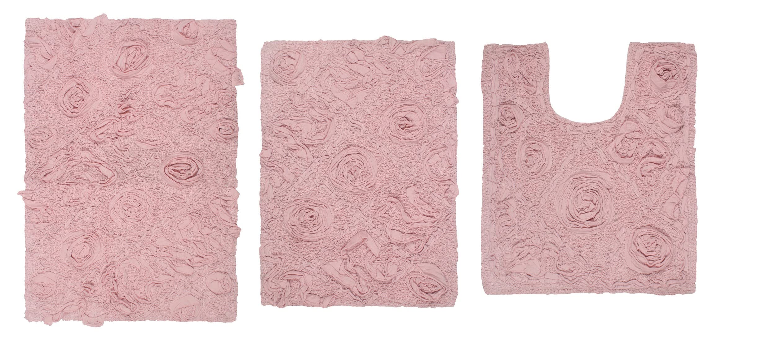 Premium 100% Cotton Bath Rug Set - Ultra Soft, Absorbent & Washable Non-Slip Bathroom Mats - 3-Piece Contour Design for Bathroom & Kitchen Floor - Perfect for Home, Apartment, Spa & Guest Bathroom Use (Pink)