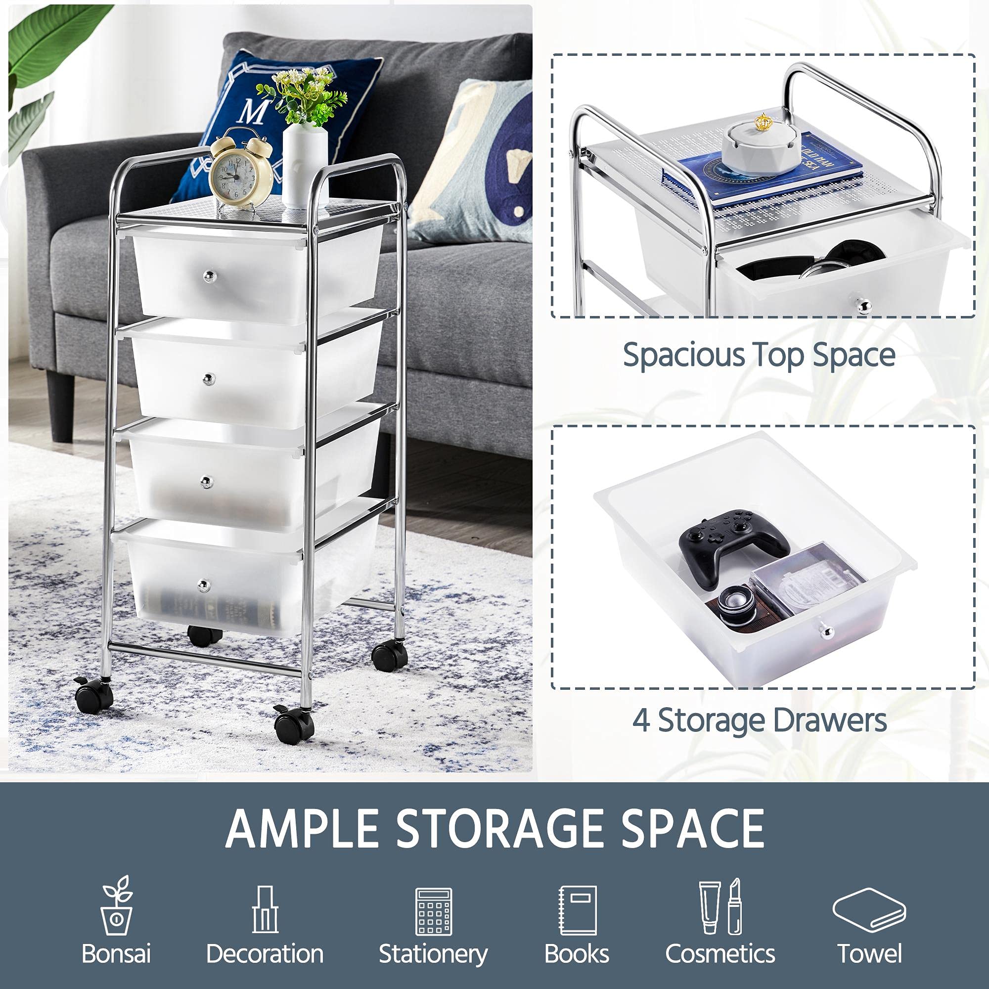 Yaheetech 4-Drawer Rolling Storage Cart with Metal Frame & Plastic Drawers - Mobile Organizer for Home, Office, Kitchen, Bathroom, or Dorm - White
