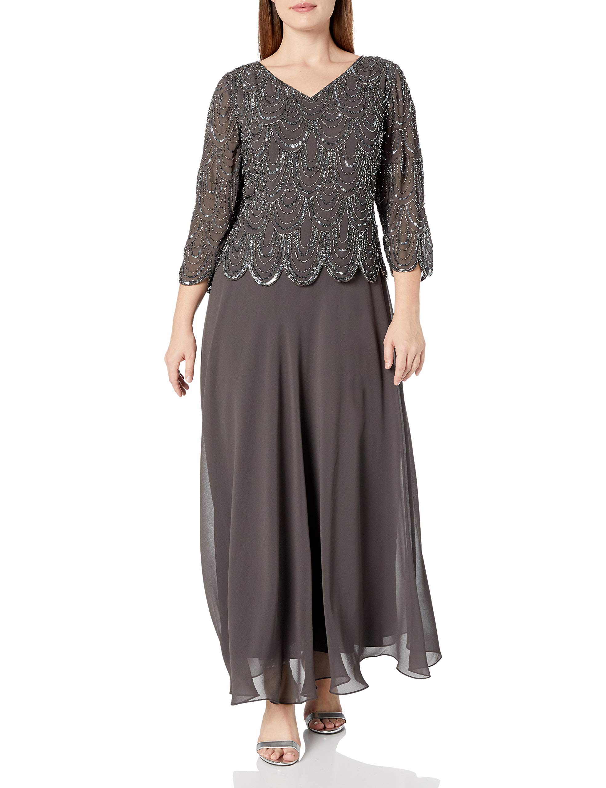 J Kara Women's Plus Size 3/4 Sleeve Scallop Beaded Pop Over Gown - Elegant Evening Dress for Weddings, Parties & Special Occasions