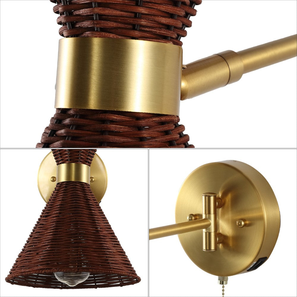 Vintage Mid Century Modern Swing Arm Wall Sconce - Rattan & Metal USB LED Light with Pull Chain - Perfect for Bedroom, Living Room & Office Lighting