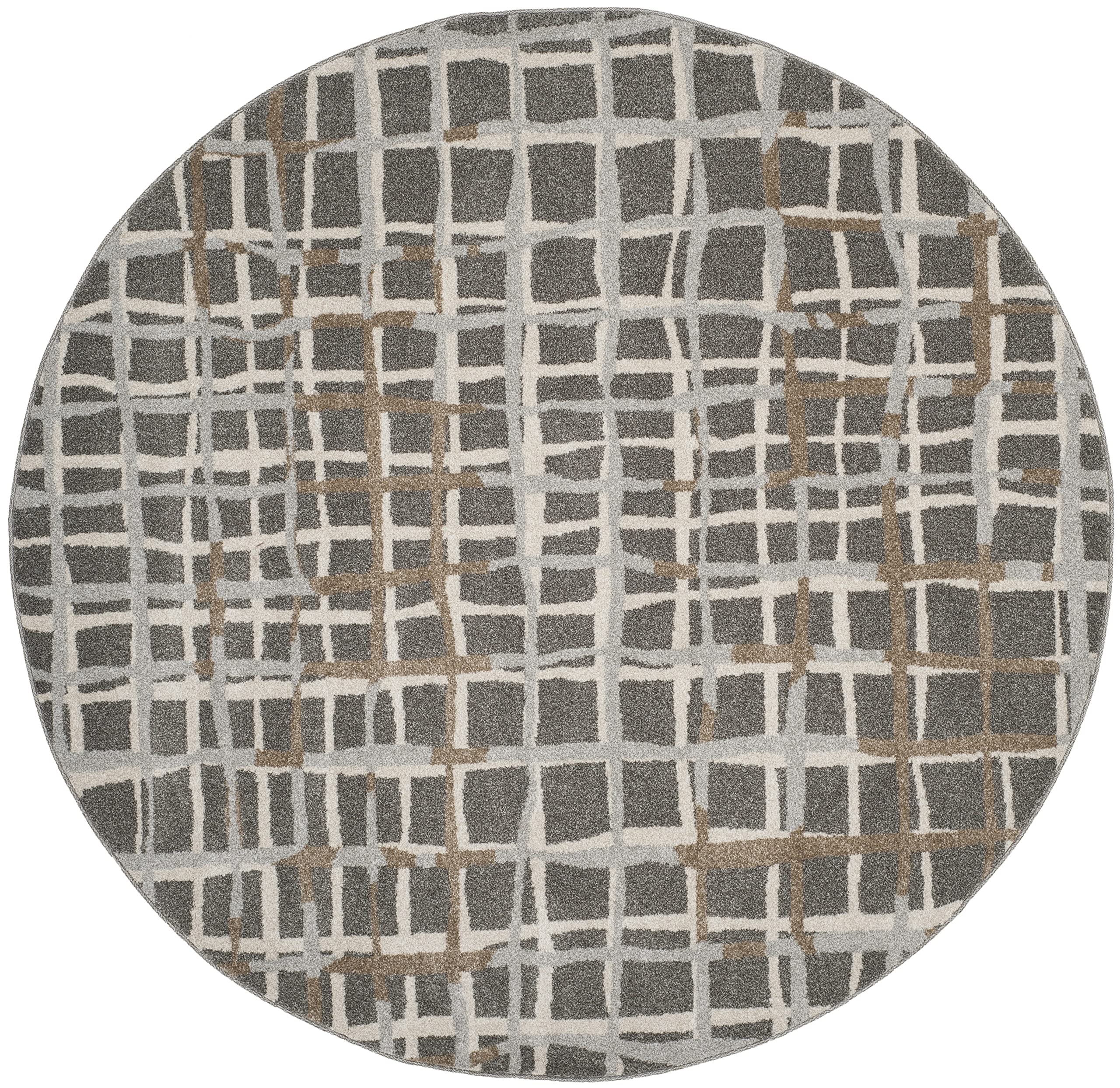 SAFAVIEH Amherst Collection 7' Round Grey/Ivory Abstract Grid Non-Shedding Area Rug - Perfect for Dining Room, Entryway, Living Room & Bedroom Decor