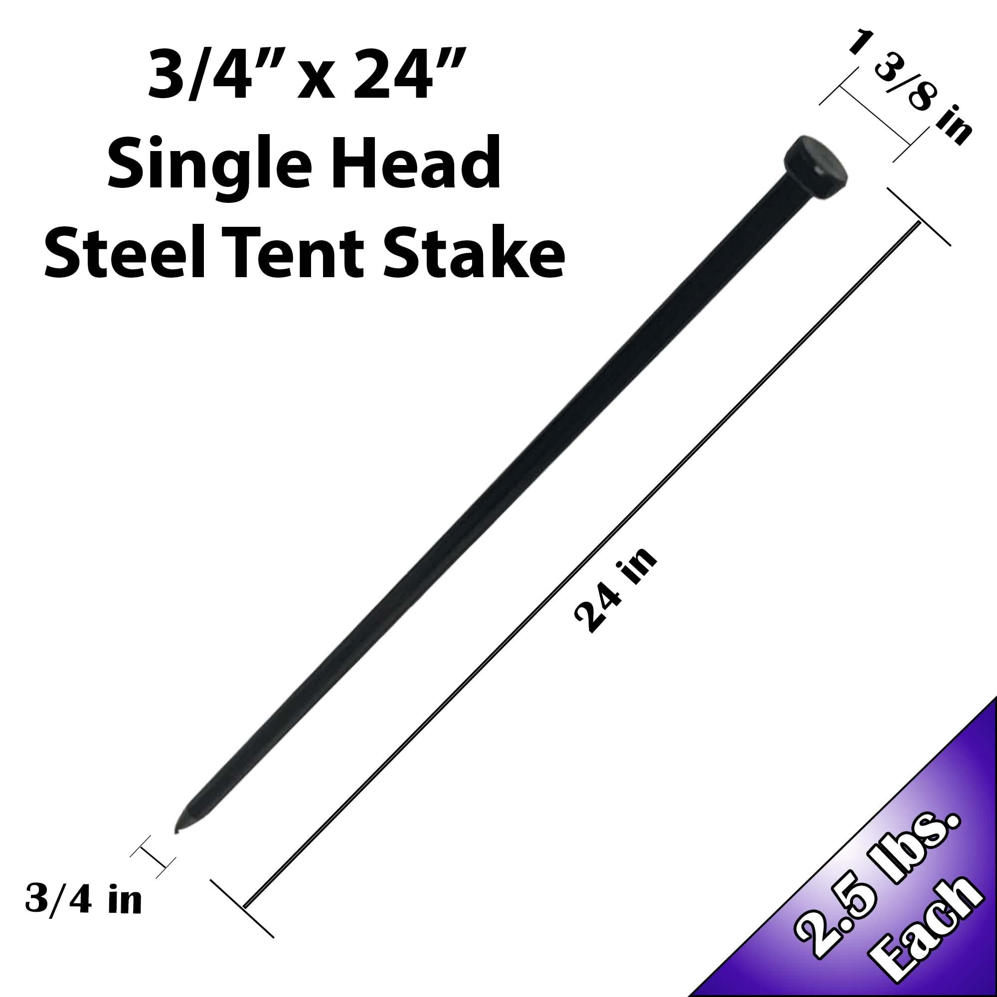 Heavy Duty Single Head Metal Tent Stakes - 3/4 x 24 Inch Steel Ground Spikes for Commercial Inflatables, Event Tents & Camping Shelters (4 Pack) - Perfect for Outdoor Adventures, Beach Parties & Festival Setups