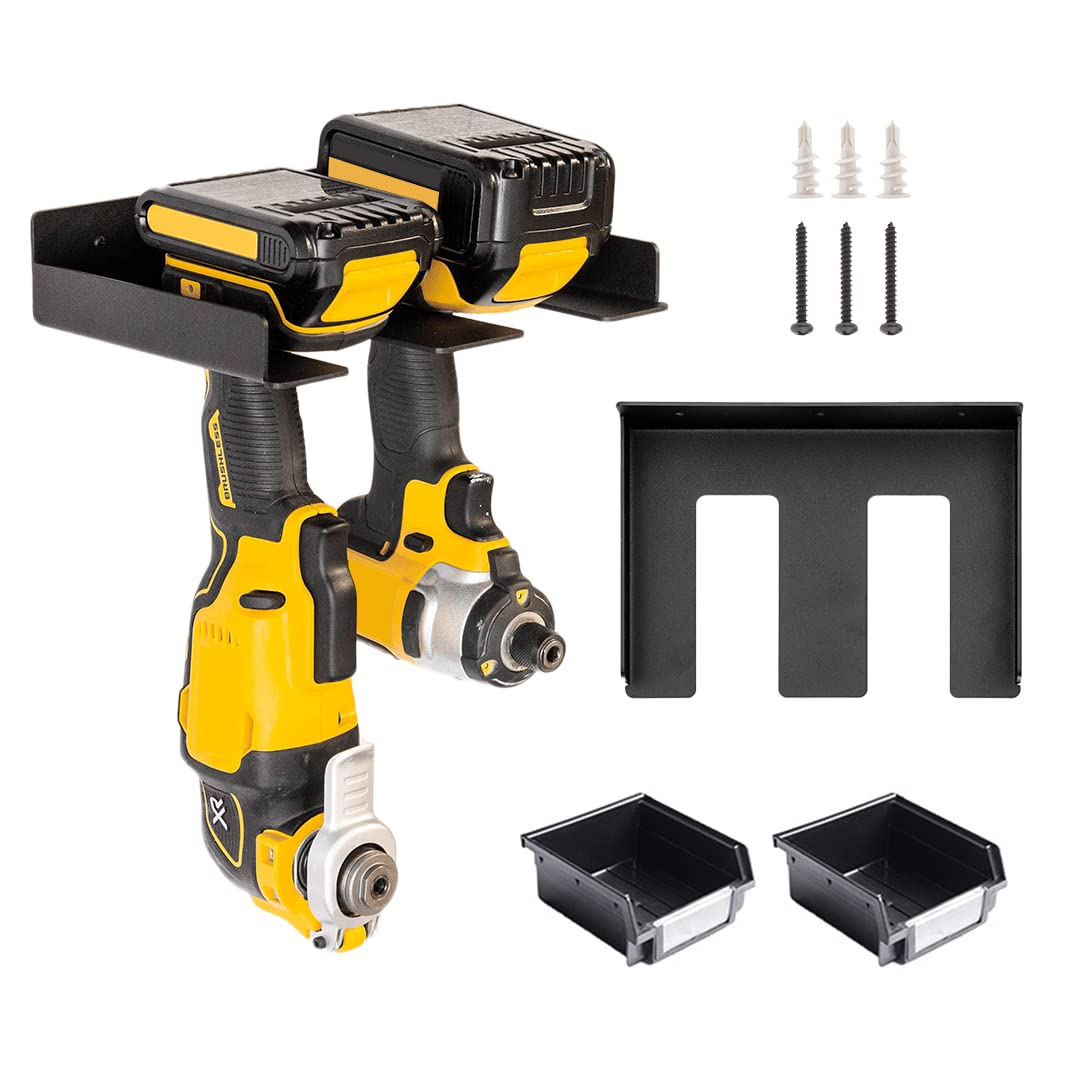 Dual Drill Storage Shelf Wall Mount Organizer - Heavy Duty Garage Tool Storage Bins - Floating Power Tool Shelf for Cordless Drills & Tools - Perfect for Workshop, Garage & DIY Projects