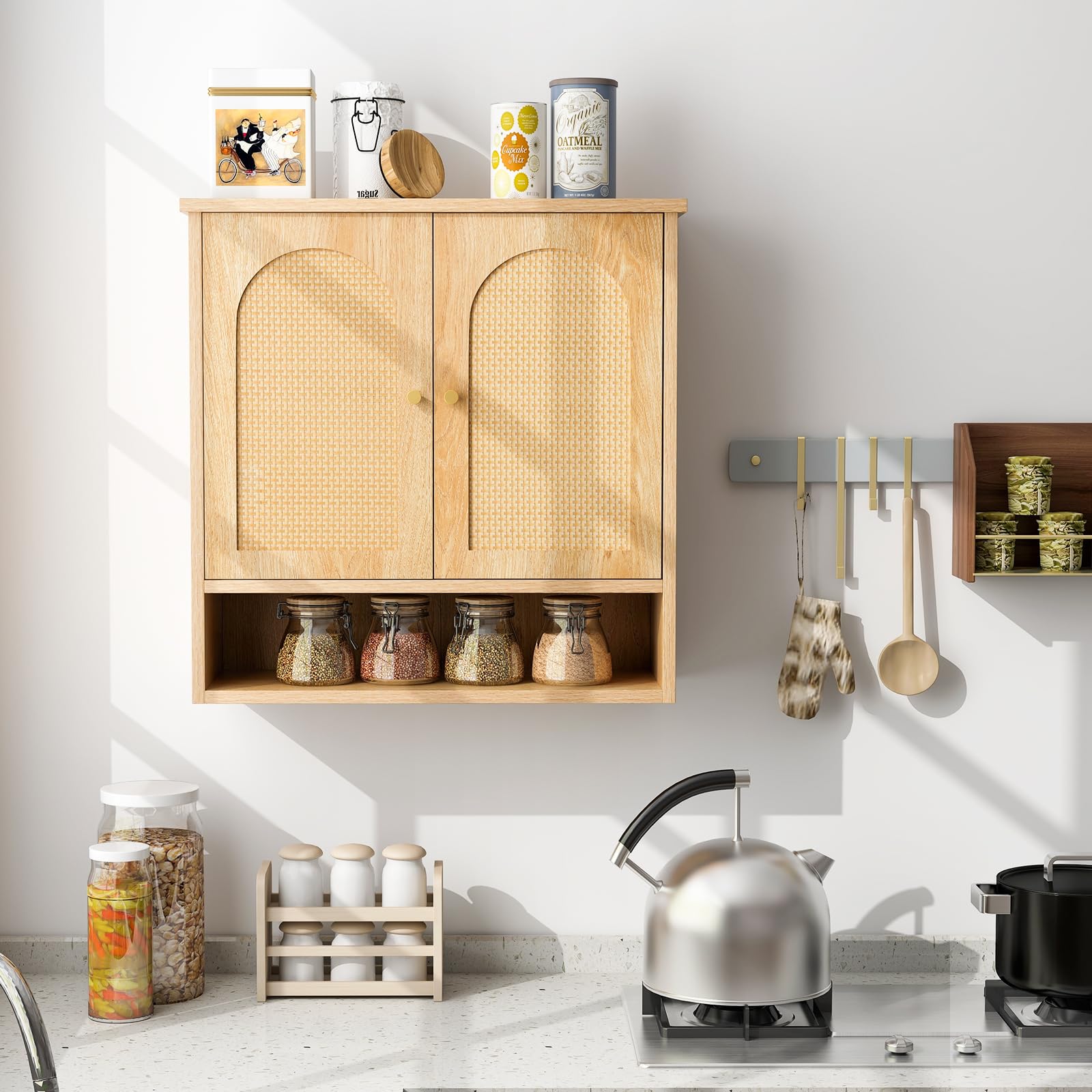Tangkula Wall Mounted Medicine Cabinet with 2 Rattan Doors - Bathroom Storage Over Toilet, Hanging Cabinet for Laundry Room, Kitchen & Entryway (Natural Finish, Open Back) - Perfect for Small Spaces & Organizing Essentials