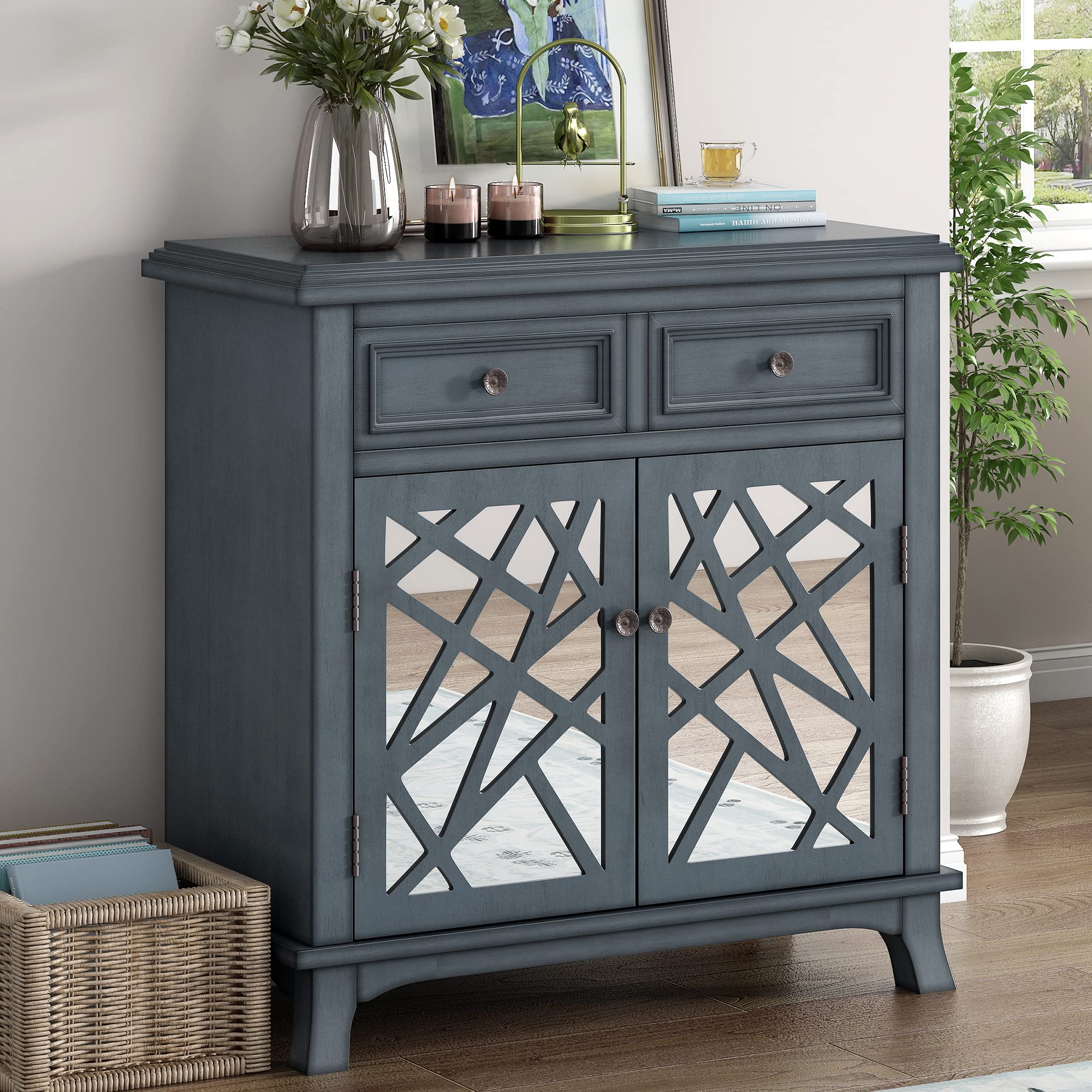 Merax Accent Storage Cabinet with 2 Mirror Doors, 2 Drawers & Adjustable Shelf - Modern Sideboard for Bedroom, Living Room, Entryway (Blue) | Perfect for Organizing Clothes, Shoes & Home Decor Accessories