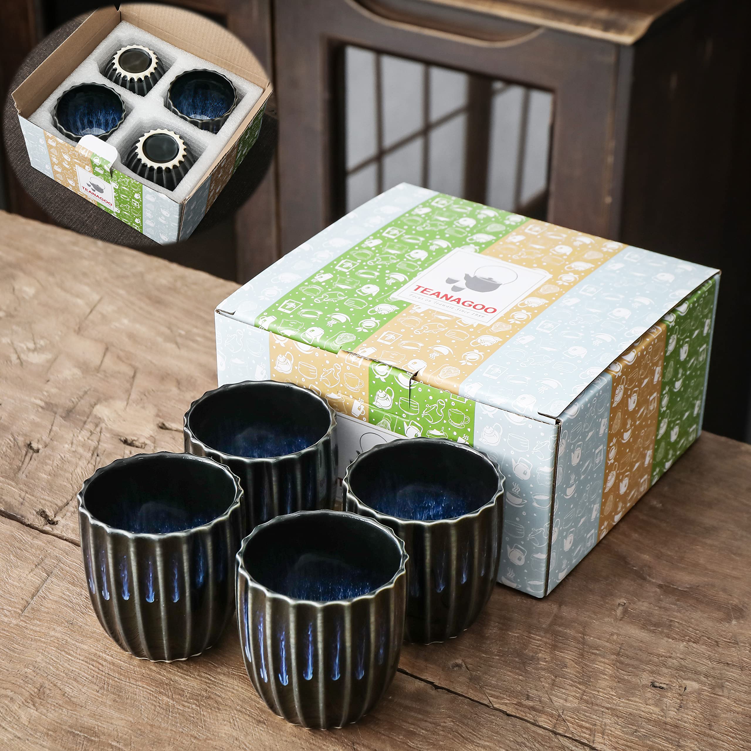 TEANAGOO 6.5 Oz Chinese Ceramic Tea Cups Set of 4 - Handmade Junware Blue Porcelain Cups for Green Tea, Matcha & Oolong - Traditional Asian Tea Ceremony, Home Decor & Gift (TG-H15)