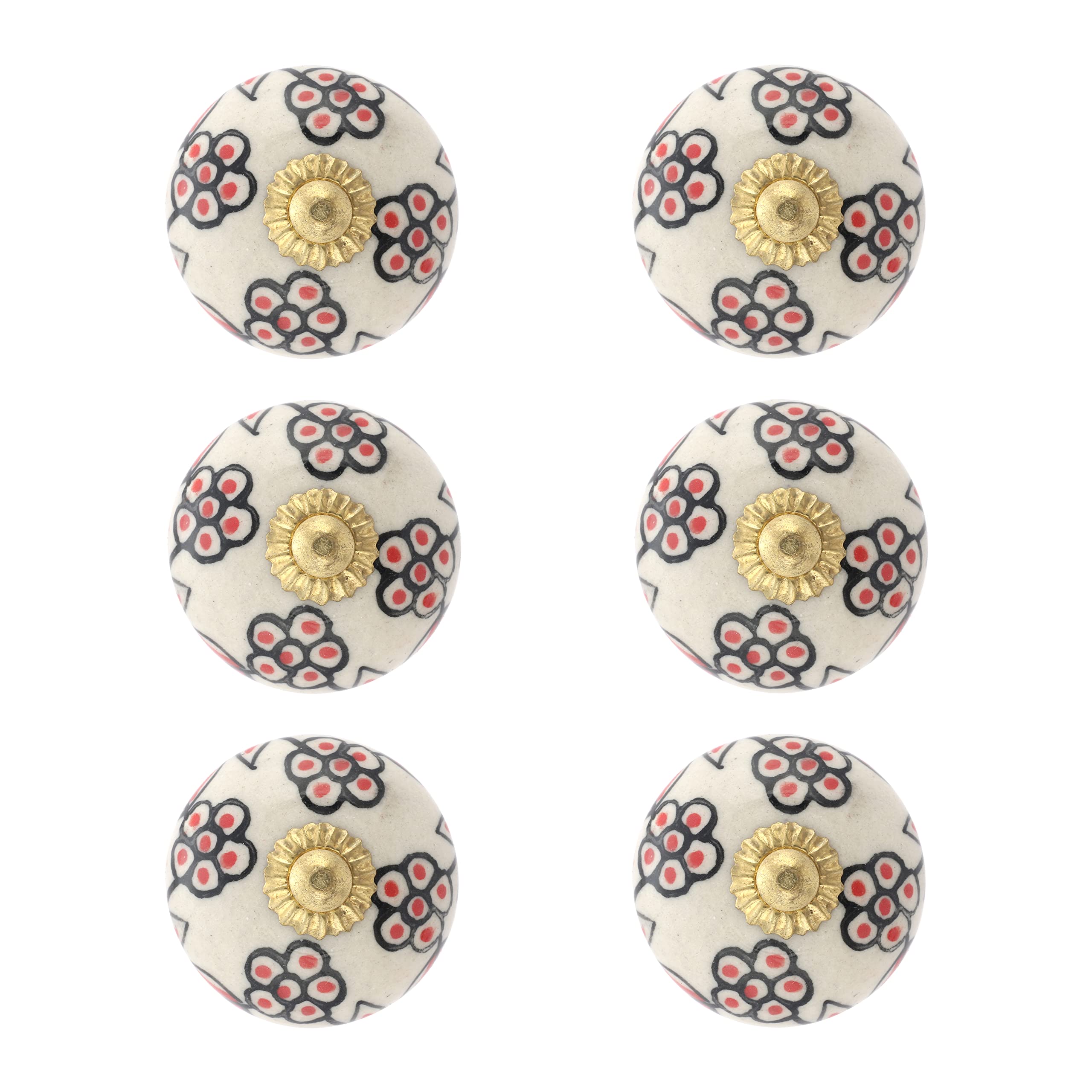 Boho Ceramic Drawer Knobs - Floral Red & Black - Pack of 4 for Cabinets & Wardrobes