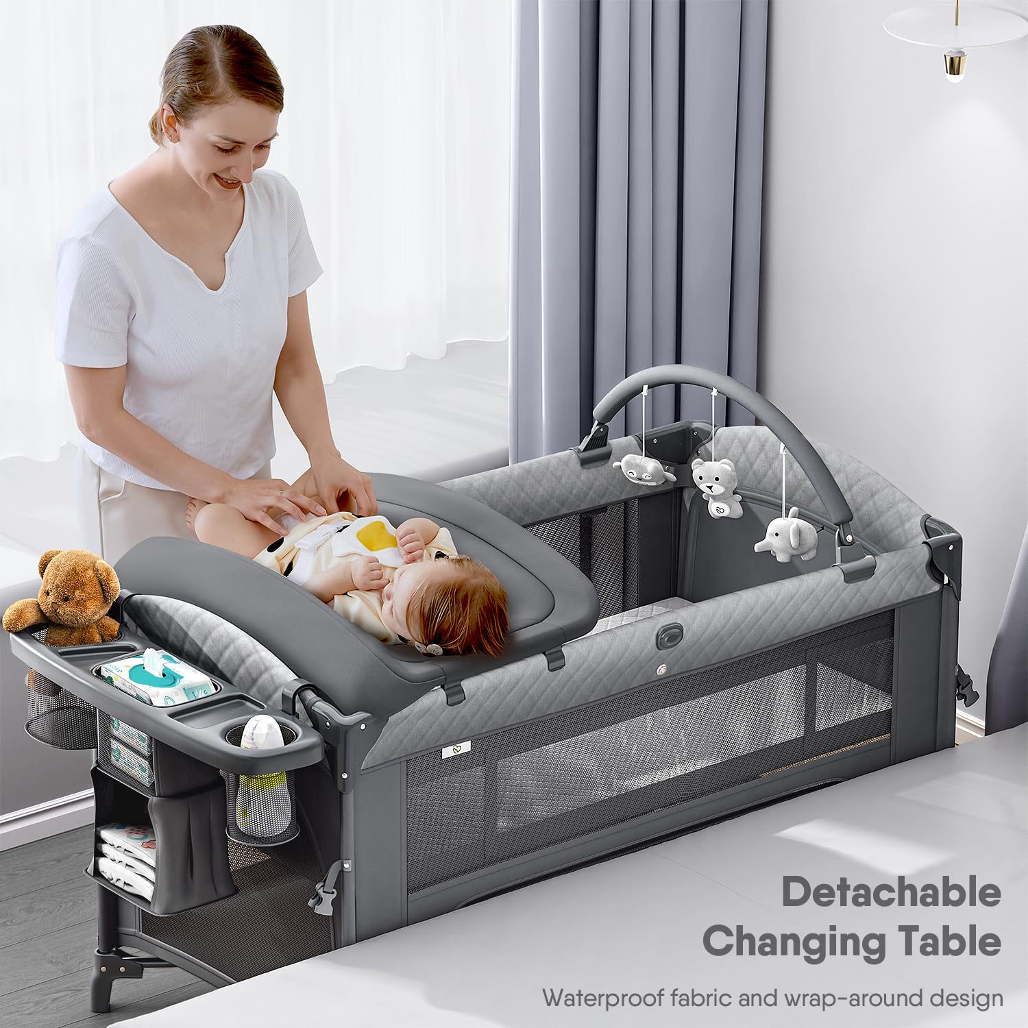 4 in 1 Baby Bassinet with Mattress - Portable Pack and Play, Bedside Crib Sleeper & Diaper Changer | Includes Mosquito Net, Storage Basket & Toy Bar | Perfect for Newborn to Toddler Nursery, Bedroom & Travel