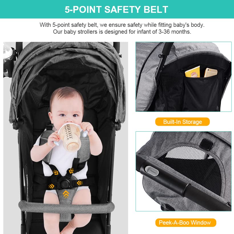 Lightweight Foldable Baby Stroller with Pop-Out Sun Visor | Compact Travel Stroller for Infants & Toddlers | Perfect for Airports, Shopping & Outdoor Walks - LIVINGbasics (Grey)