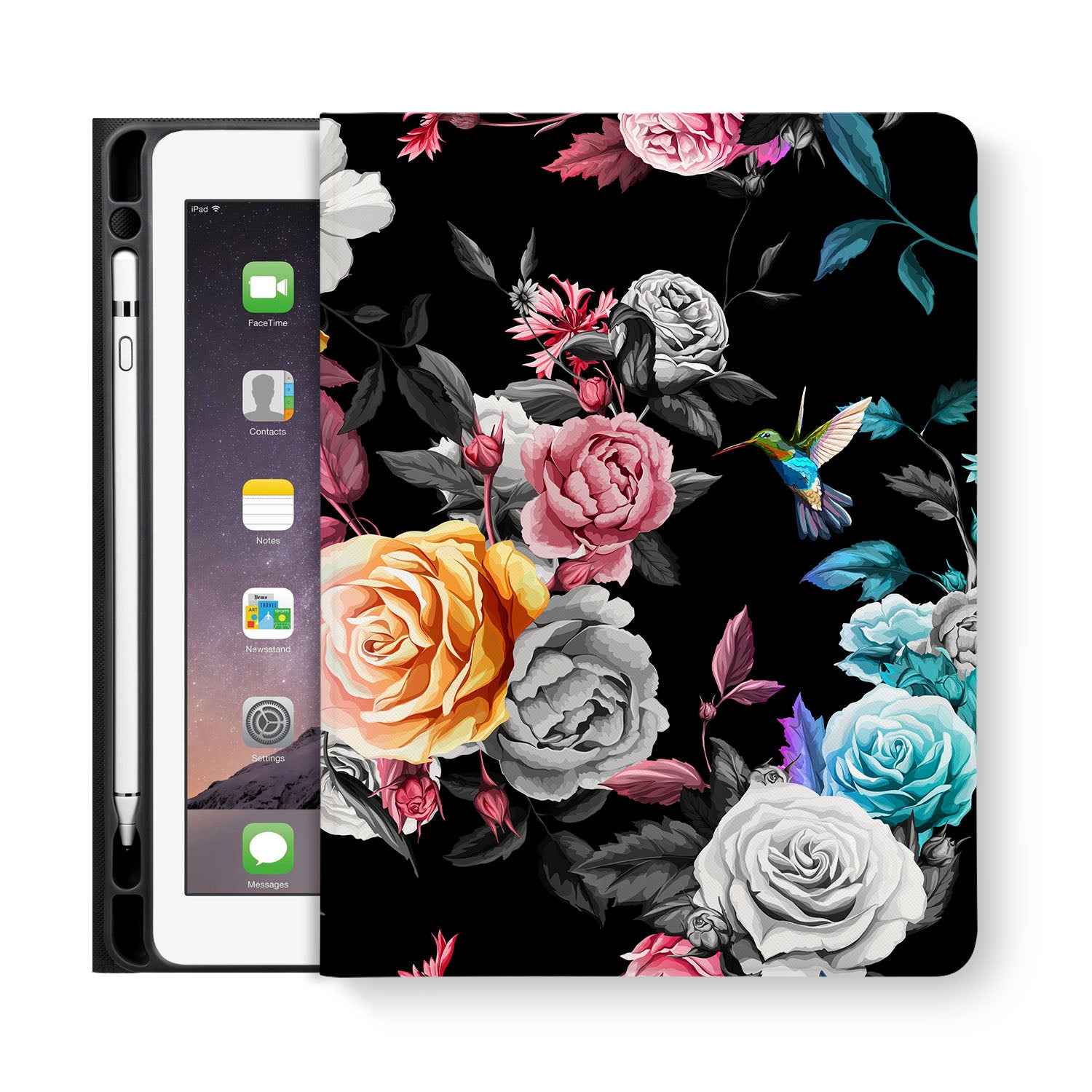 Premium iPad Folio Case with Black Floral Design - Slim Protective Cover for iPad 6th/7th/8th/9th/10th Gen | Perfect for Work, Travel & Home Use