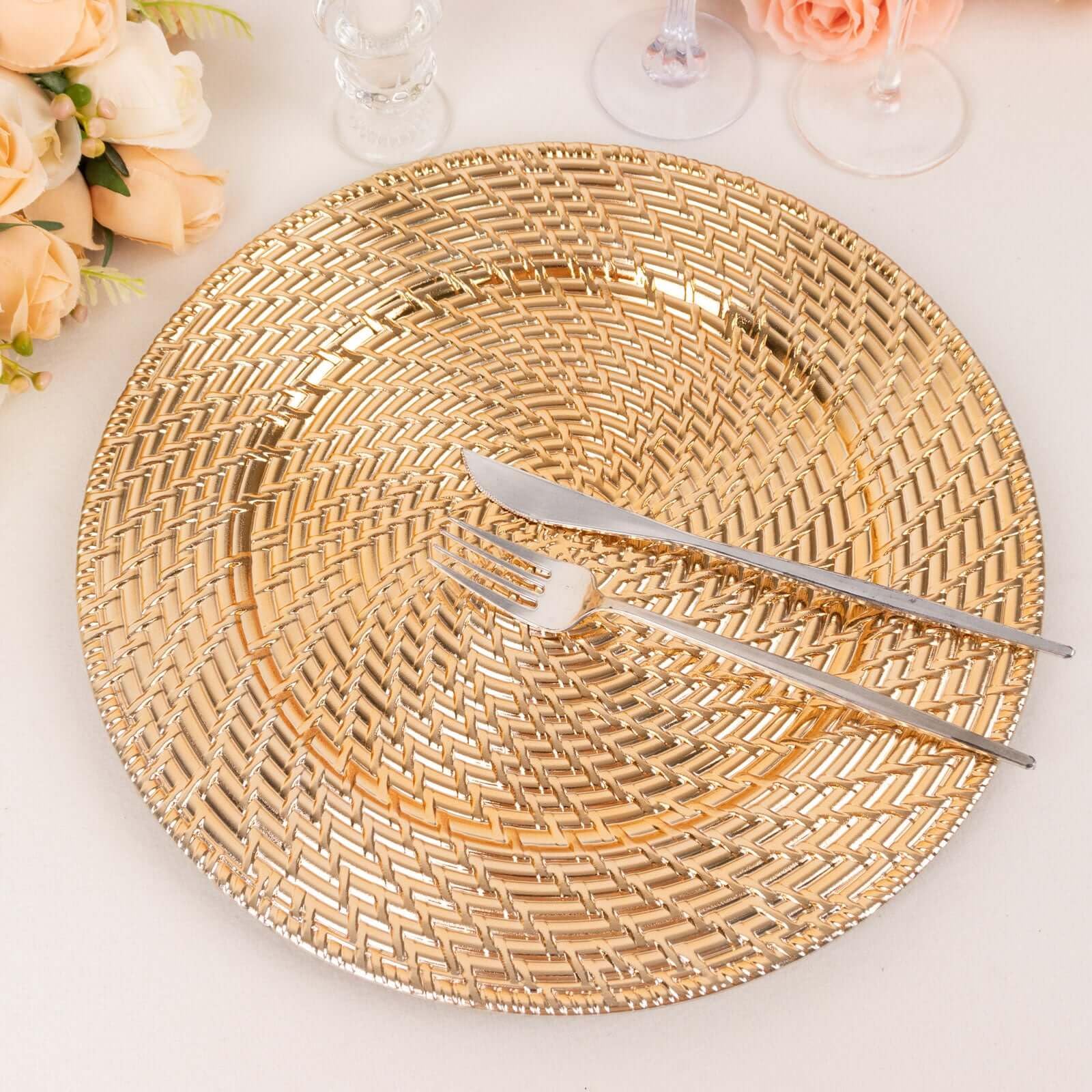 Efavormart 6 Pack Metallic Gold Swirl Rattan Acrylic Charger Plates - 13