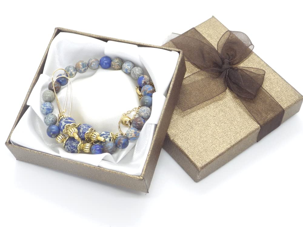 Vintage Style Blue Imperial Jasper Jewelry Set for Women - Necklace, Bracelet & Earrings in Gold Metal | Perfect for Parties, Weddings & Special Occasions