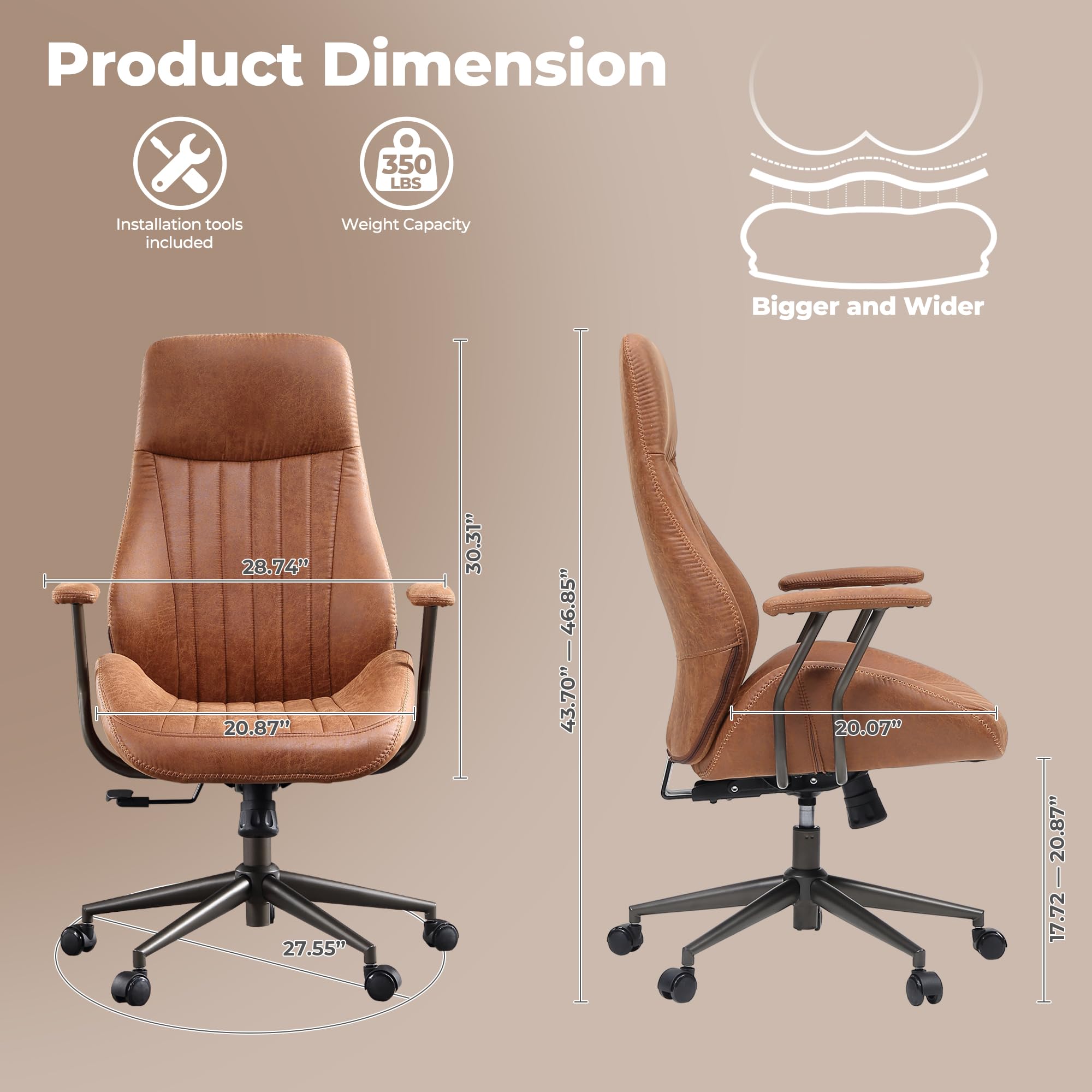 Ovios Mid Century Modern Office Chair with Lumbar Support - Ergonomic High Back Executive Chair with Swivel Wheels, Brown Suede Leather - Perfect for Home Office, Conference Rooms & Workspaces