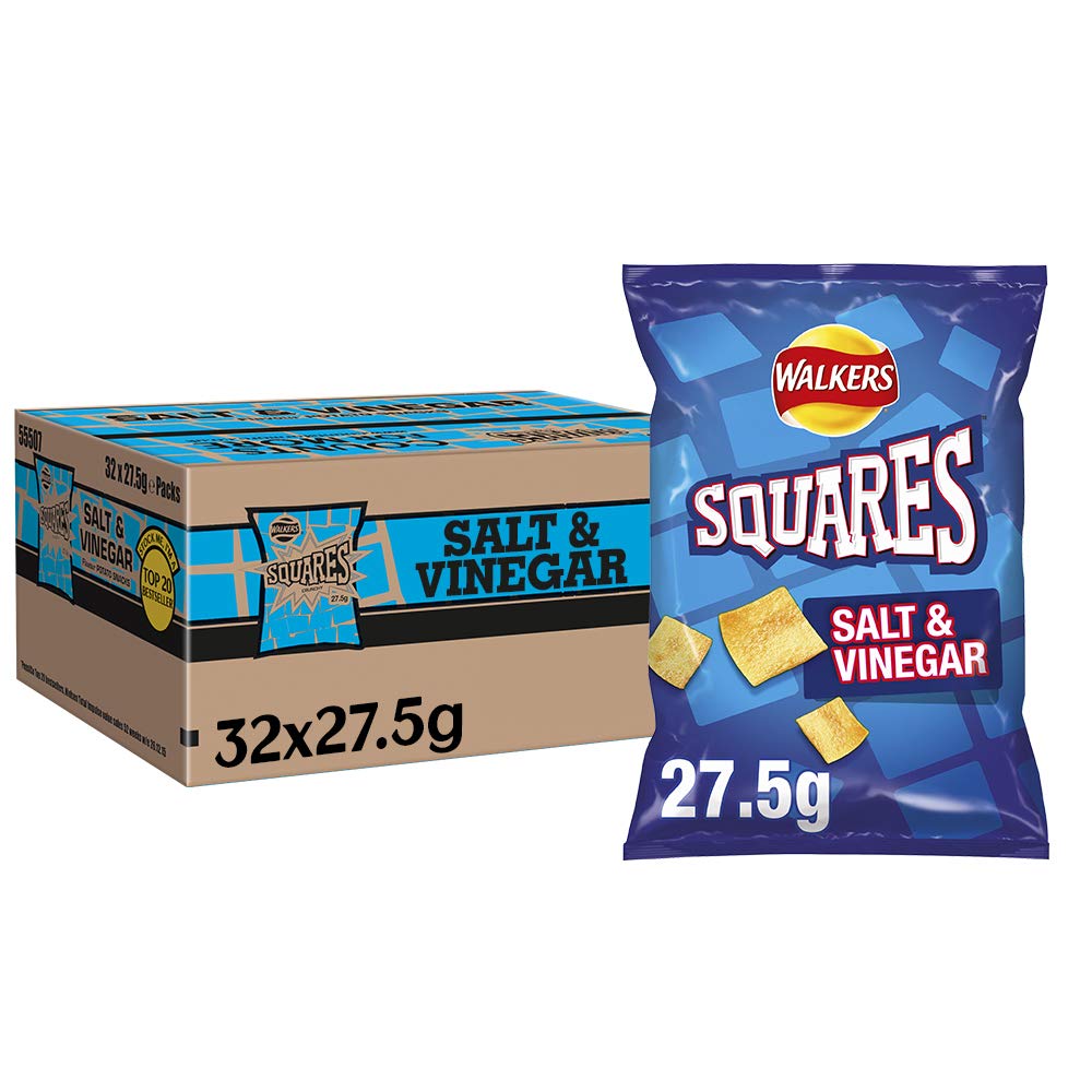 Walkers Squares Salt and Vinegar Crisps - 32 Pack (27.5g Each) | Crunchy Potato Snacks for Parties, Picnics & On-the-Go Snacking