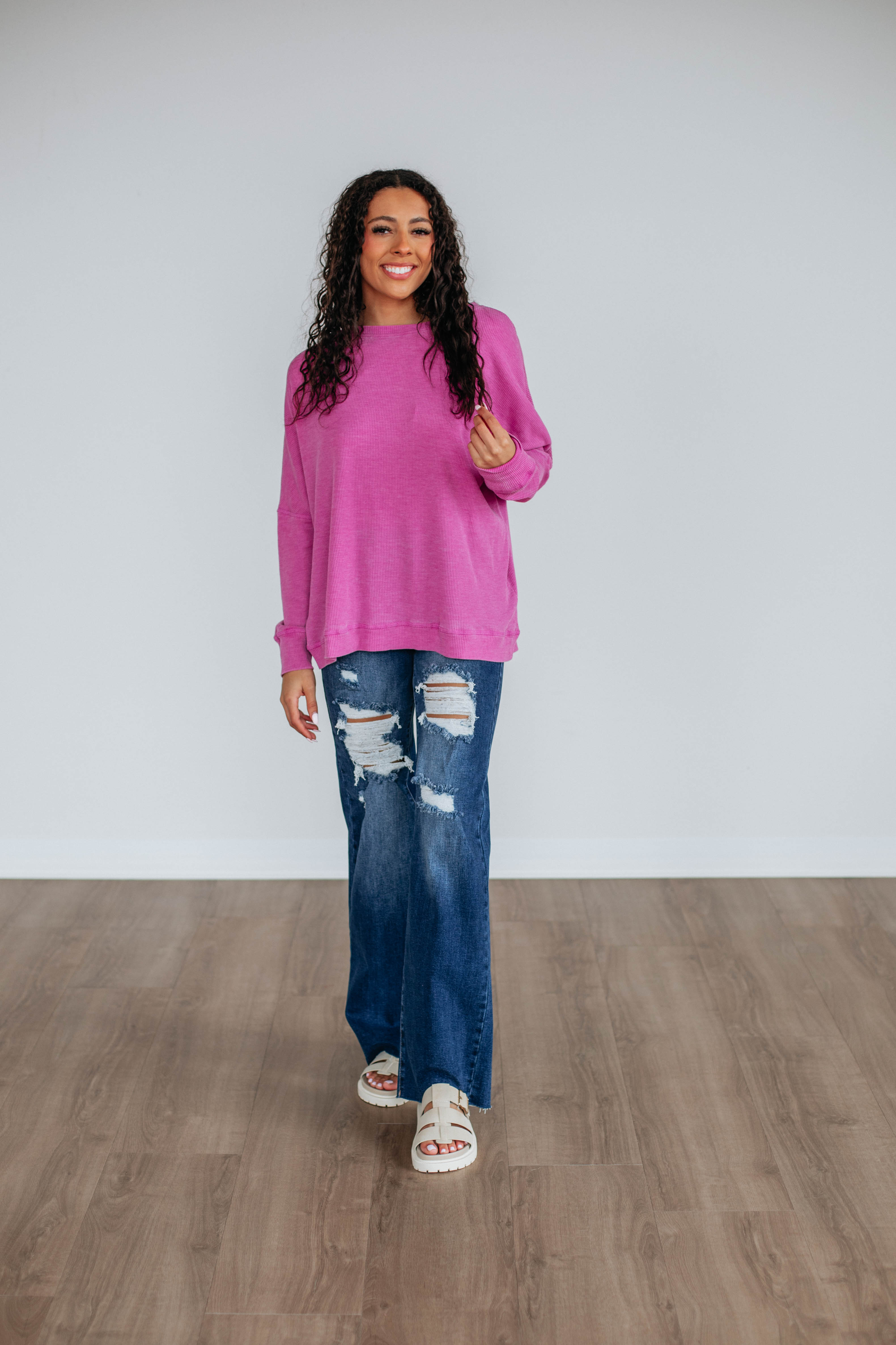 Breathable Waffle Knit Top for Women - Soft Orchid Color - Perfect for Casual Wear, Layering & Everyday Comfort