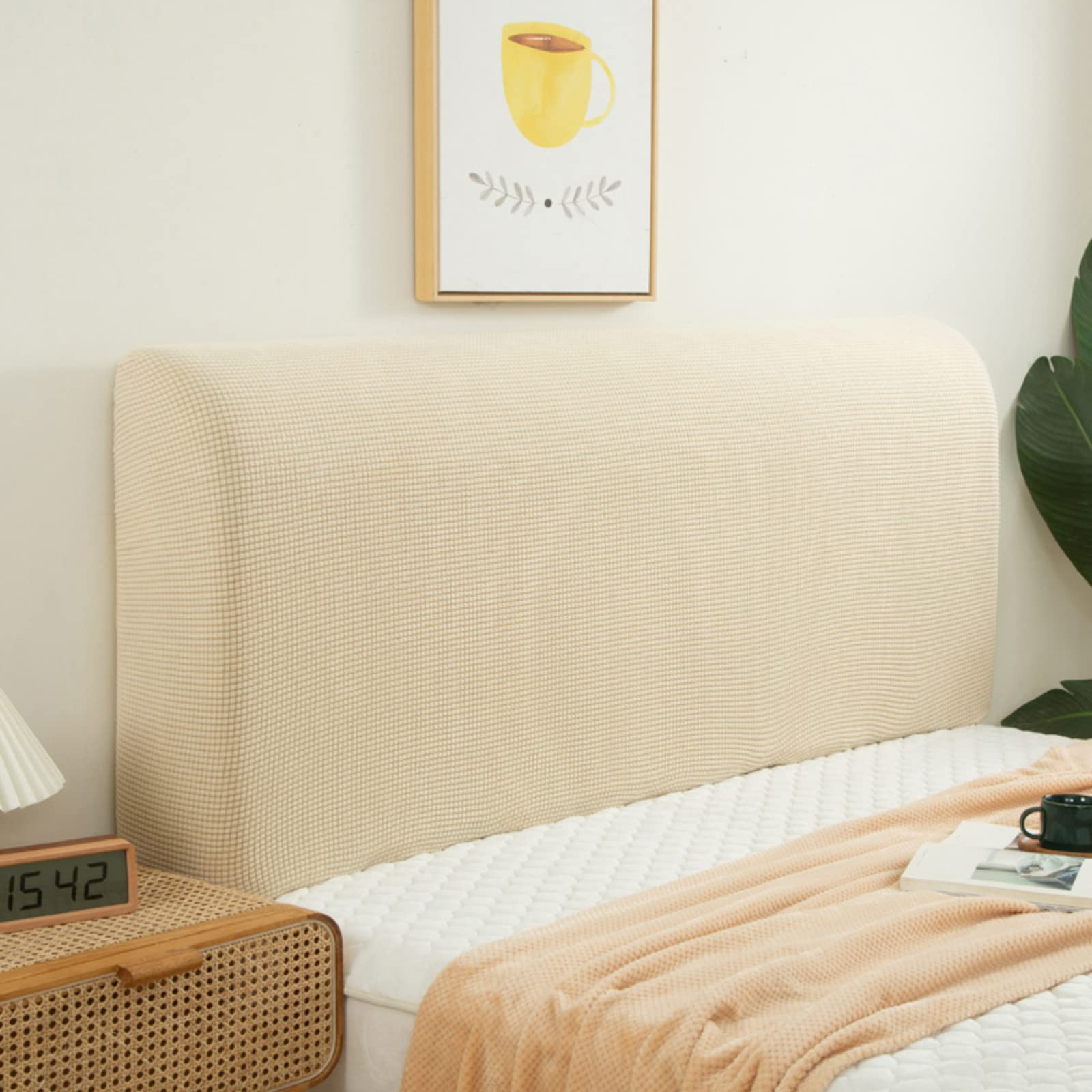EFELIM Stretch Bed Headboard Slipcover for Queen, Full, Cal King Size Beds - Curved Upholstered Headboard Dustproof Protector Cover (Beige, King: 190-210cm/75-82.6in) - Perfect for Bedroom Makeover, Hotel Style Upgrade & Dust Protection