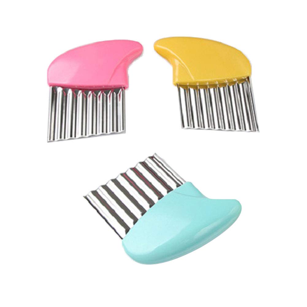 Stainless Steel Potato Slicer - 3PC French Fry Cutter Set with Corrugated & Wave Blades (Pink, Yellow, Blue) - Perfect for Home Kitchen, Fast Food Prep & Party Snacks