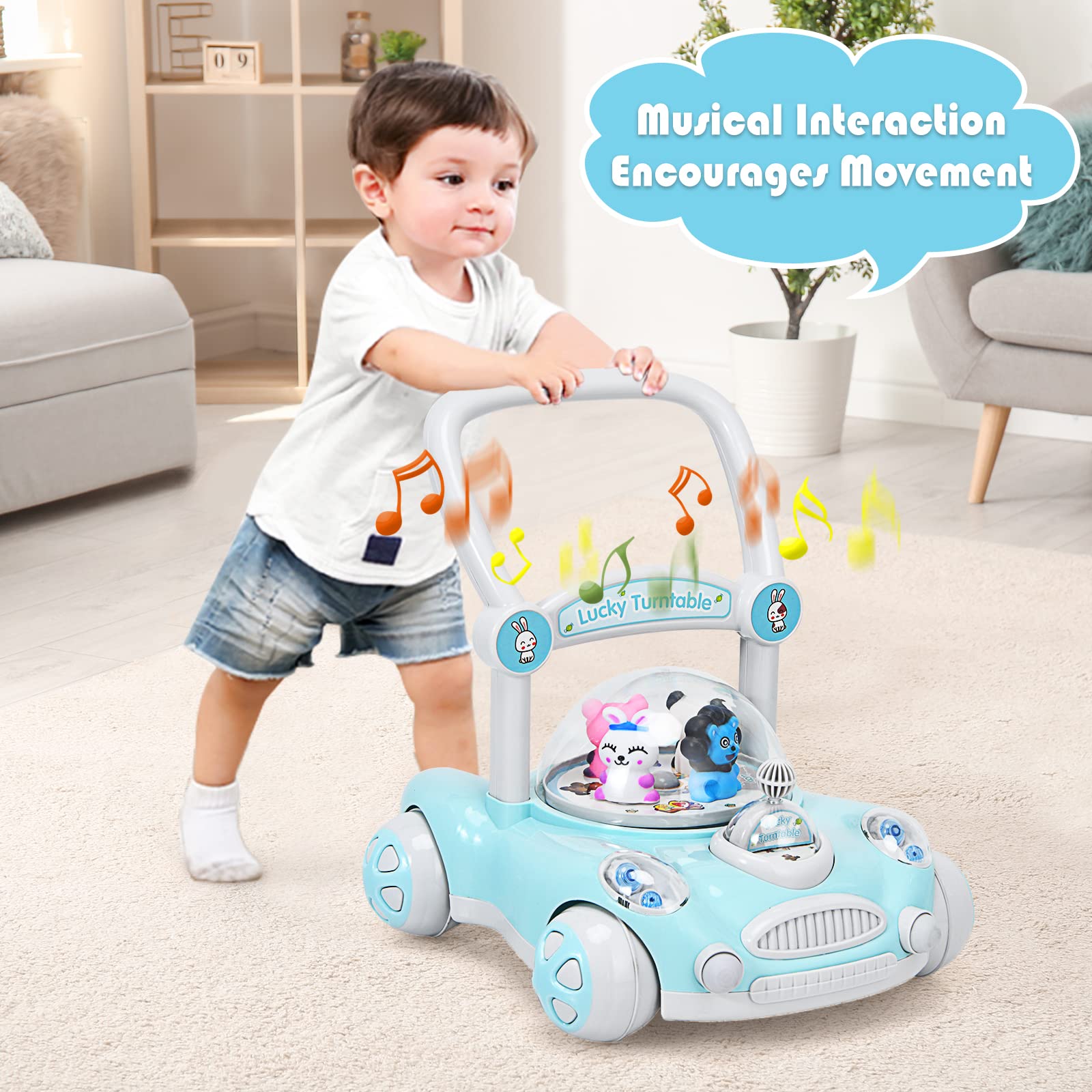 INFANS 3-in-1 Baby Walker & Bouncer - Adjustable Height Learning Walker with Music, High Back Padded Seat & Detachable Trampoline Mat - Interactive Activity Walker with Toys (Blue) - Perfect for Toddler Development & Indoor Playtime