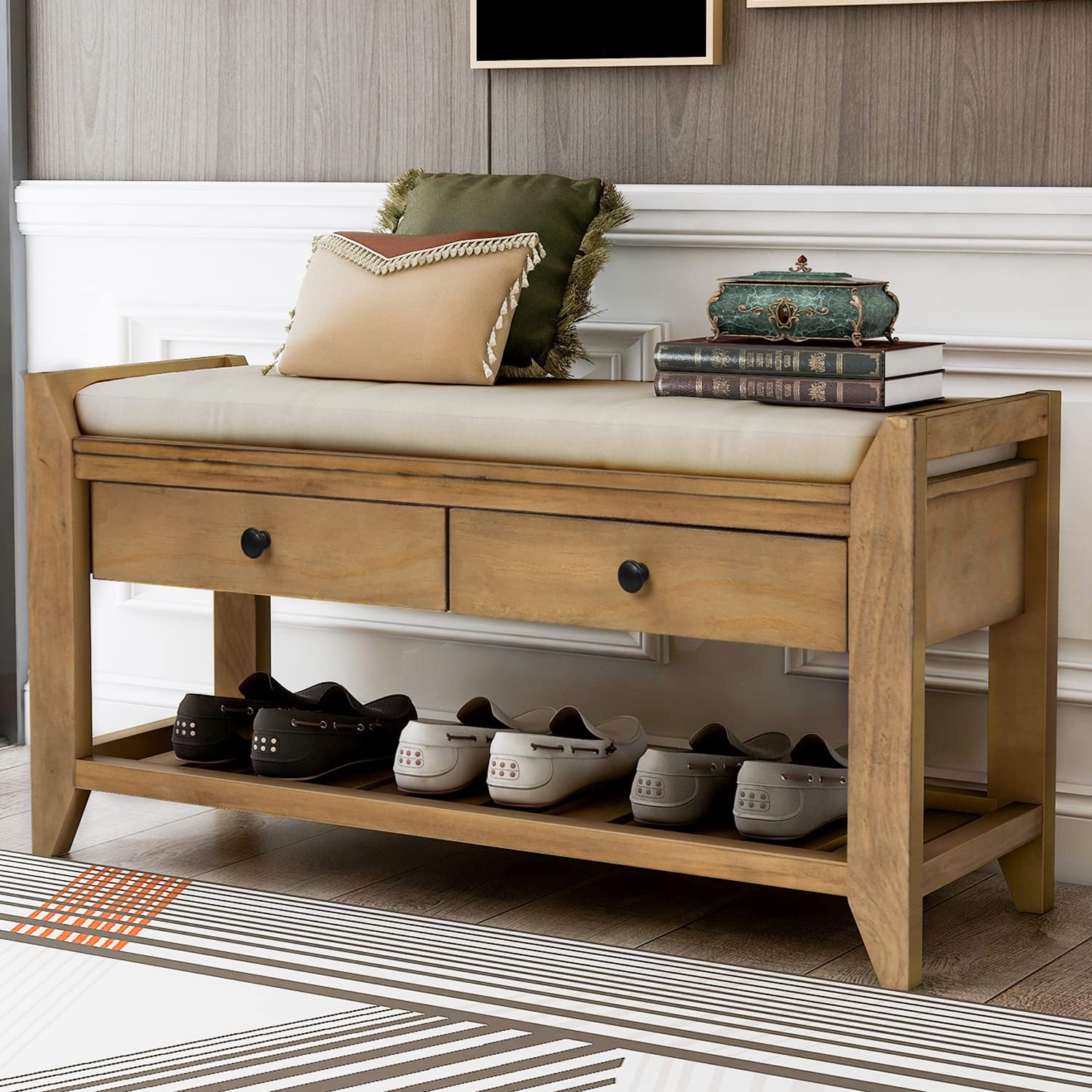 P PURLOVE Wooden Storage Bench with 2 Drawers - Shoe Rack Organizer with Grid Shelves & Seat Cushion - Entryway, Living Room & Bedroom Furniture for Home Organization & Extra Seating