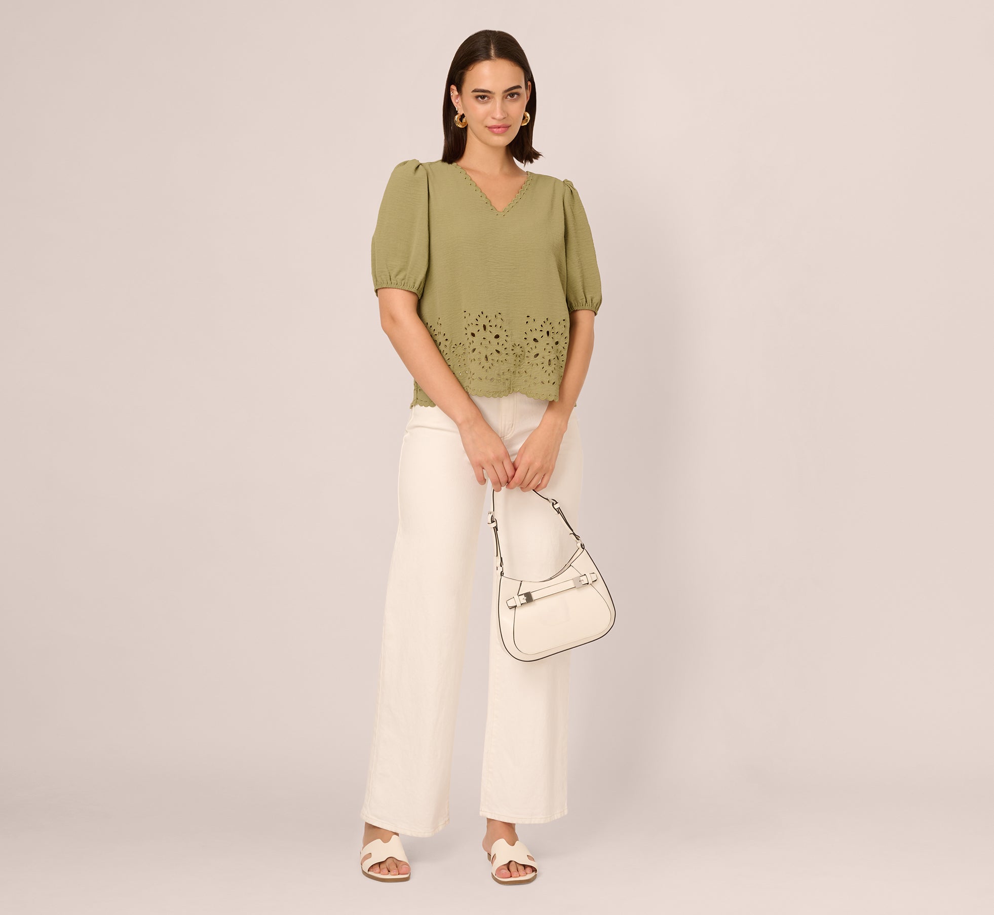 Oil Green Short Sleeve Scalloped Eyelet Top for Women - Summer Casual Blouse, Beach Outfit & Boho Fashion