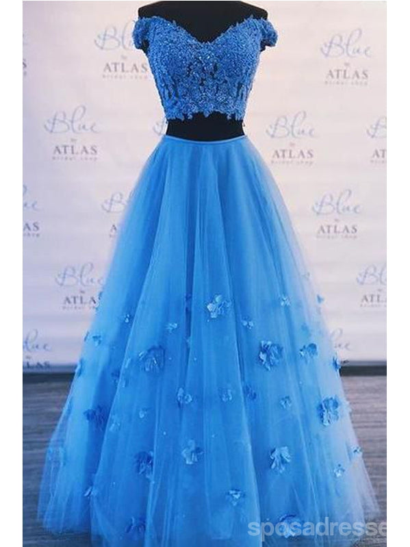 Elegant Blue A-Line Off Shoulder Two-Piece Maxi Prom Dress for Women | Formal Evening Gown for Special Occasions | Perfect for Prom Night, Homecoming, and Black Tie Events
