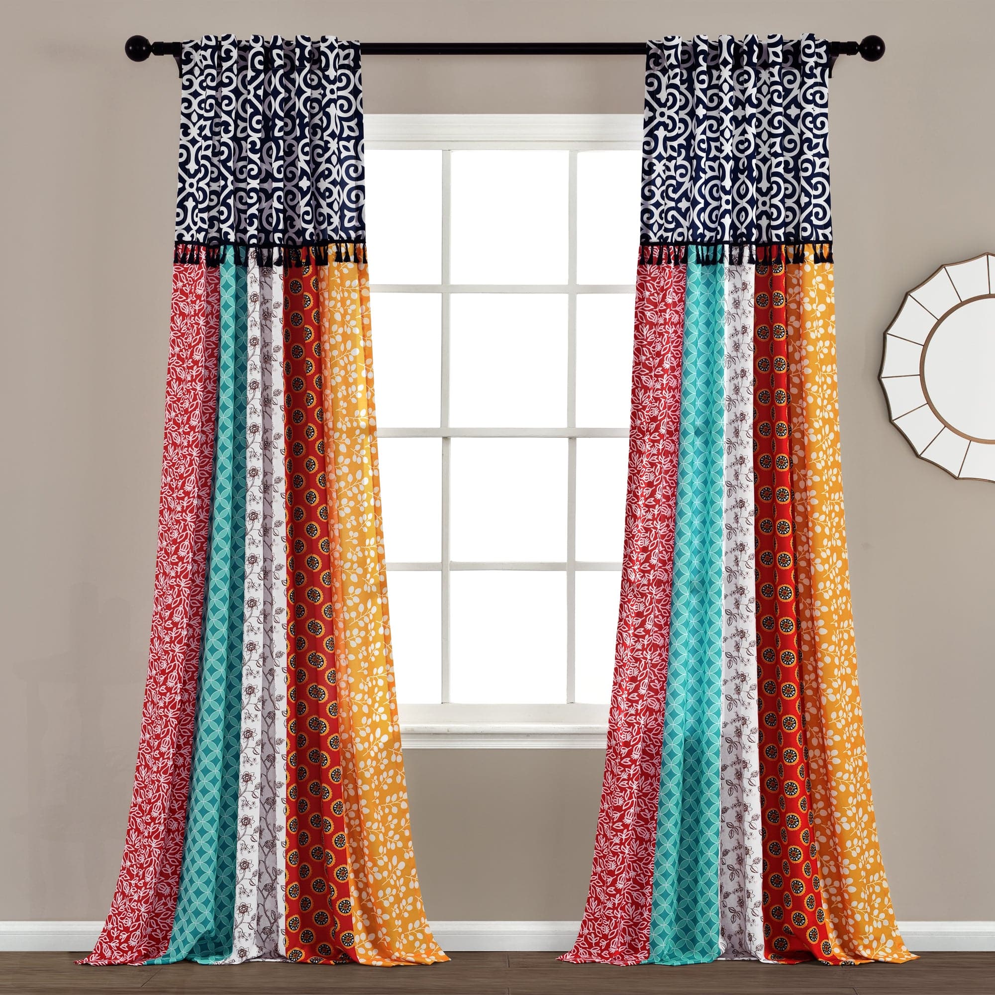 Boho Patchwork Window Curtain Panel Set - Light Filtering Bohemian Style Drapes for Living Room, Bedroom & Nursery Decor