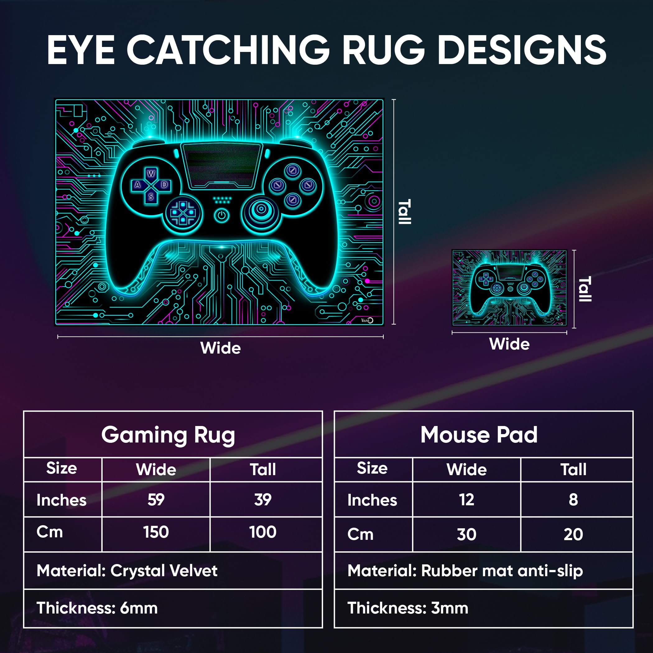 Gaming Rug and Mouse Pad Set - Circuit Design Gamer Carpet, Game Room Rug, Video Game Mat for PC, Console, and Esports Setup