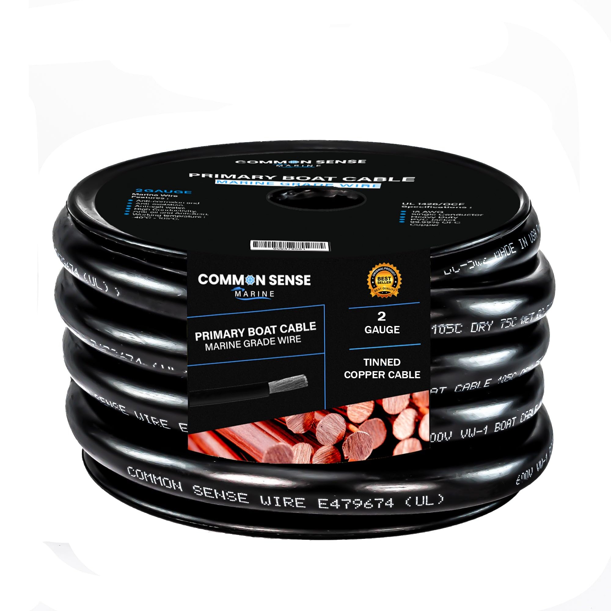 2 Gauge Primary Boat Cable - 60 ft Marine Grade Tinned Oxygen-Free Copper Wire - 2 AWG UL 1426 Standard PVC Wire for Boats, Automotive, Speakers, Campers & Trailers - Perfect for Marine Electrical Systems, RV Wiring, and Audio Installations