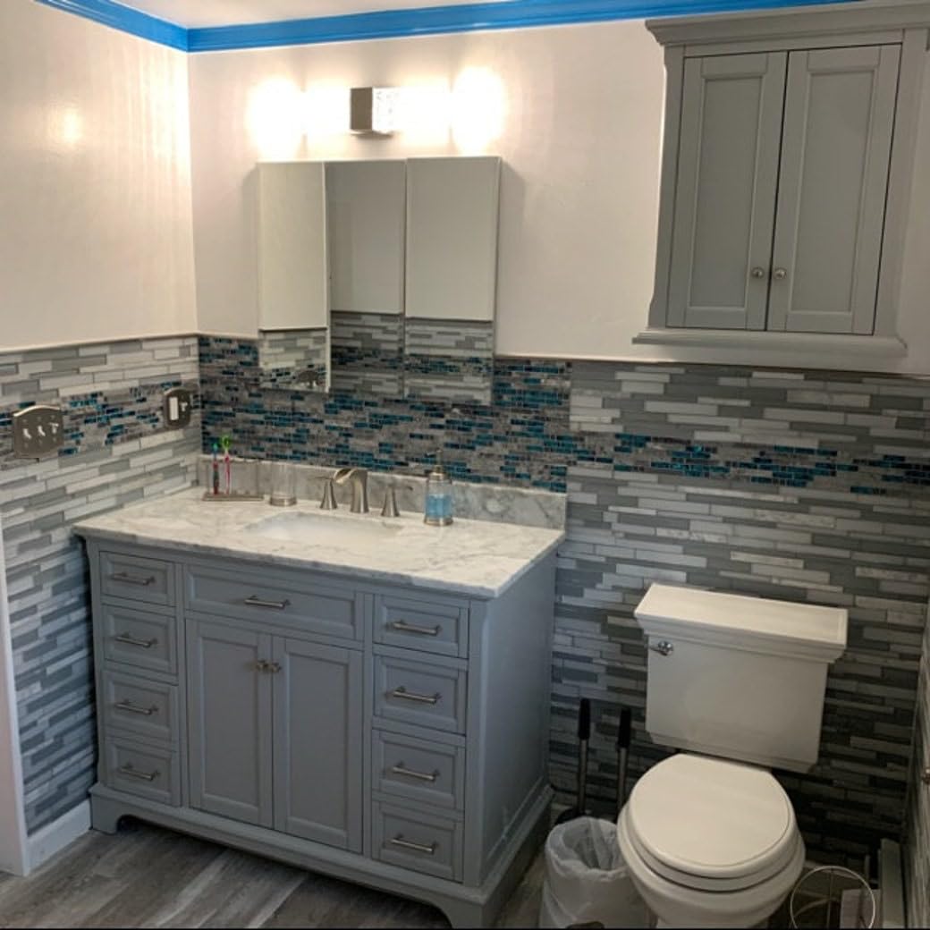 Teal Blue Crystal Glass and Gray Polished Marble Linear Mosaic Tile - 11 Sq Ft Interlocking Bathroom Wall Tiles, Kitchen Backsplash, Fireplace Decor for Modern Home Renovation