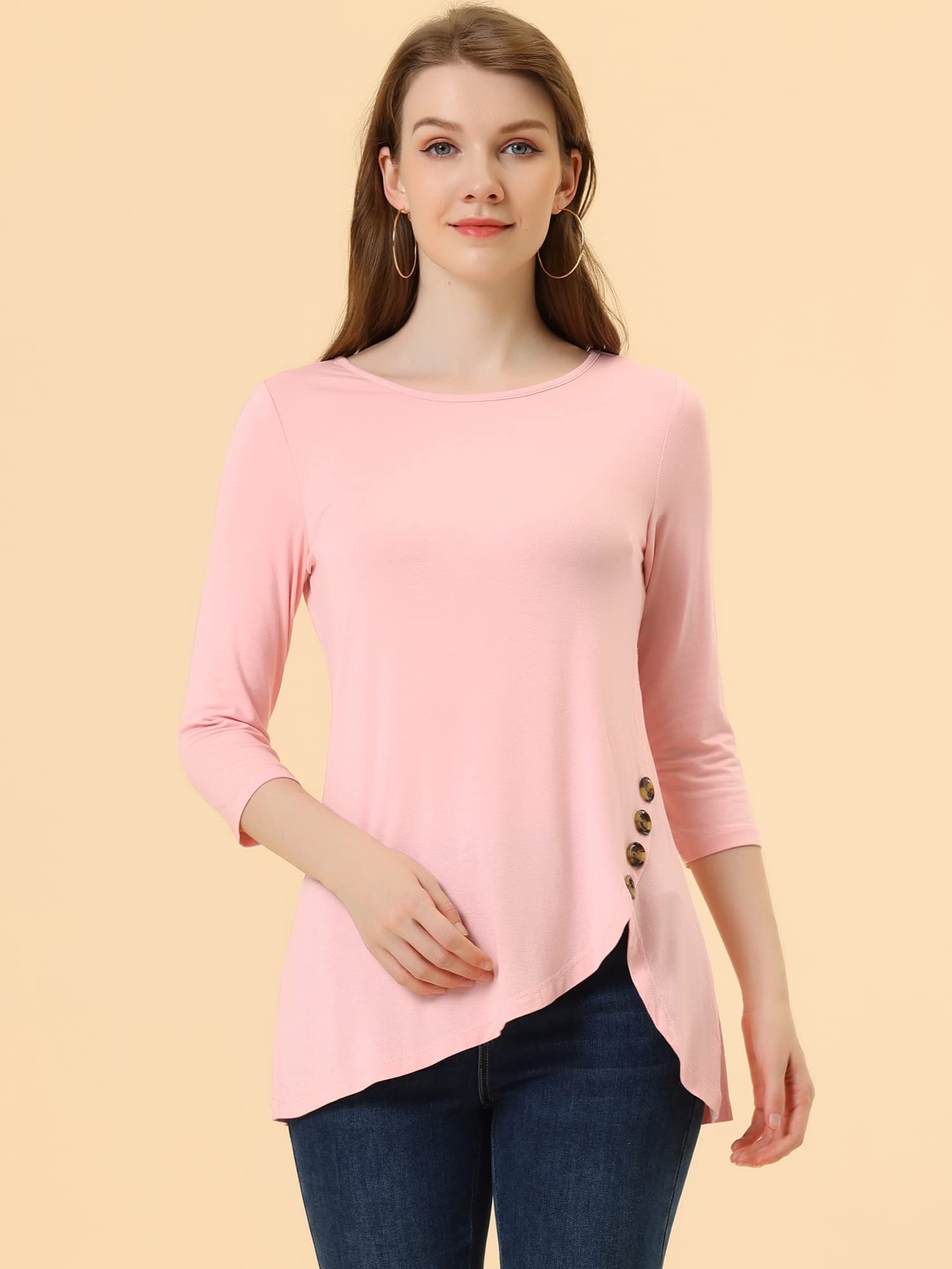 Allegra K Women's Loose Fit Asymmetrical Hem 3/4 Sleeve Round Neck Tunic T-Shirt - Spring 2025 Casual Basic Top for Work, Travel & Everyday Wear