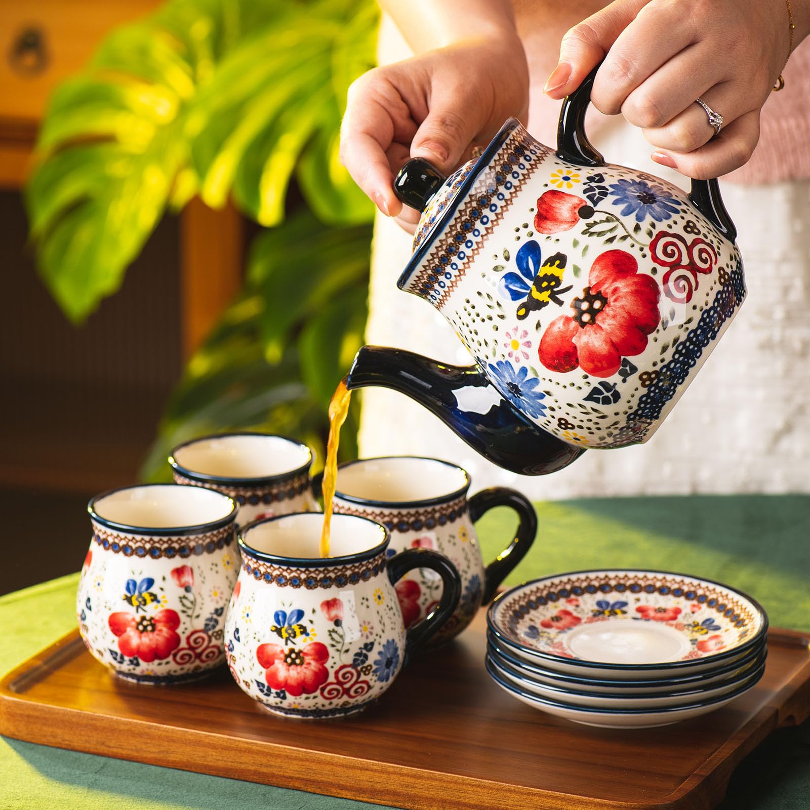 Hand-Painted Polish Pottery Style 10-Piece Porcelain Tea Set - 7.2oz Tea Cups (Set of 4), 28.2oz Teapot & Wooden Tray (Honey Bee Flower Design) - Perfect for Afternoon Tea, Bridal Showers & Gift Giving