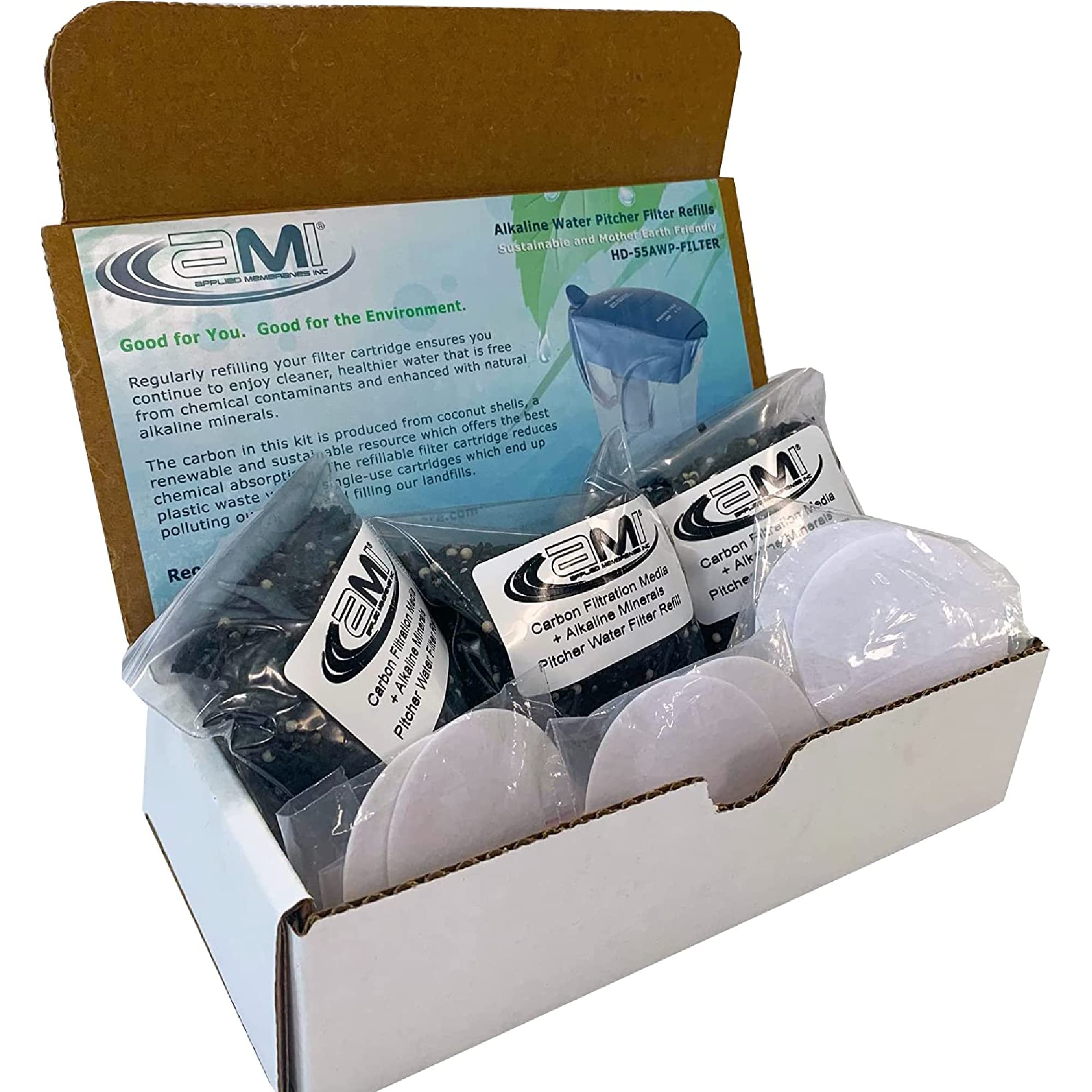 AMI Alkaline Water Pitcher Filter HD-55AWP Replacement Cartridges - 3 Pack with Carbon, Alkaline Minerals & Sediment Filtration | Compatible with AMI Water Filter Pitchers | Perfect for Home, Office & Travel Use