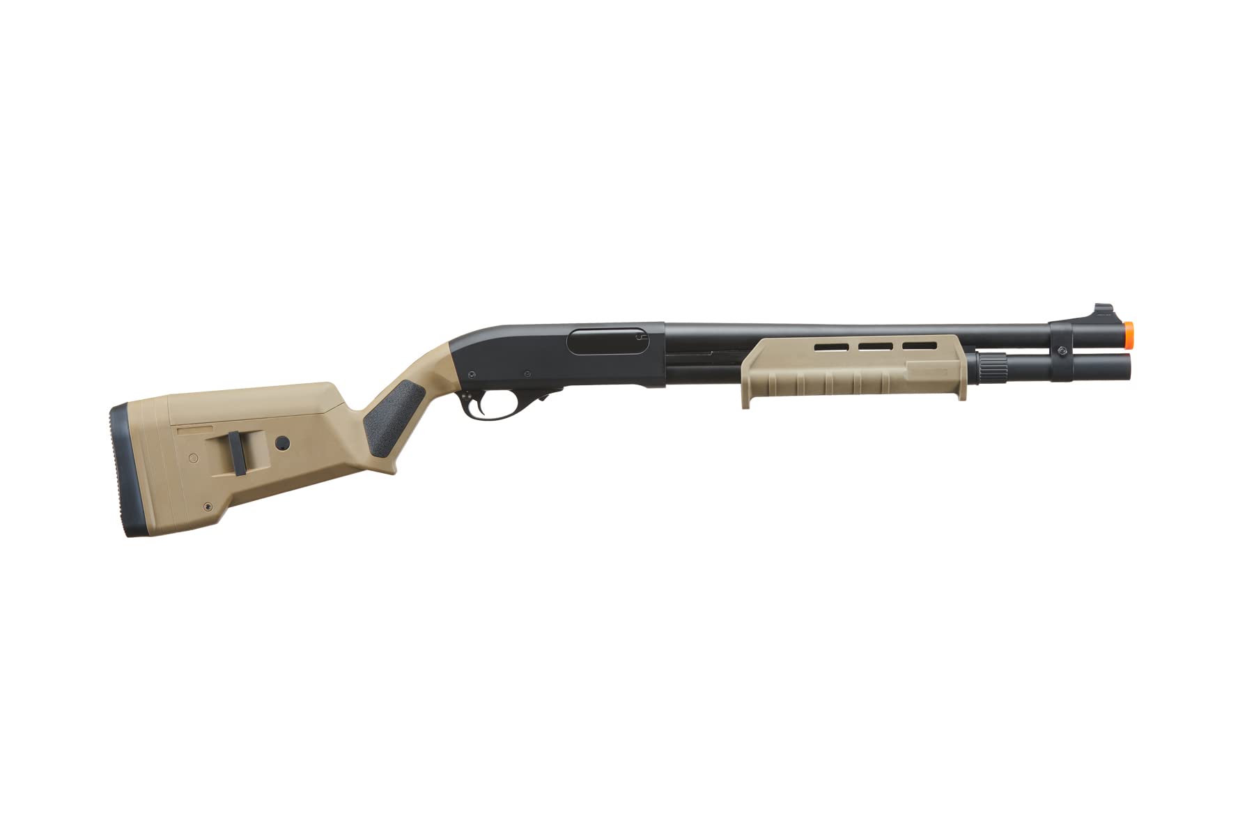 Golden Eagle M870 Pump Action Airsoft Shotgun - 350 FPS, 3/6-Shot Capacity, MLOCK Style, Tan Color with Holder - Perfect for Airsoft Battles, Tactical Training & Outdoor Shooting Games