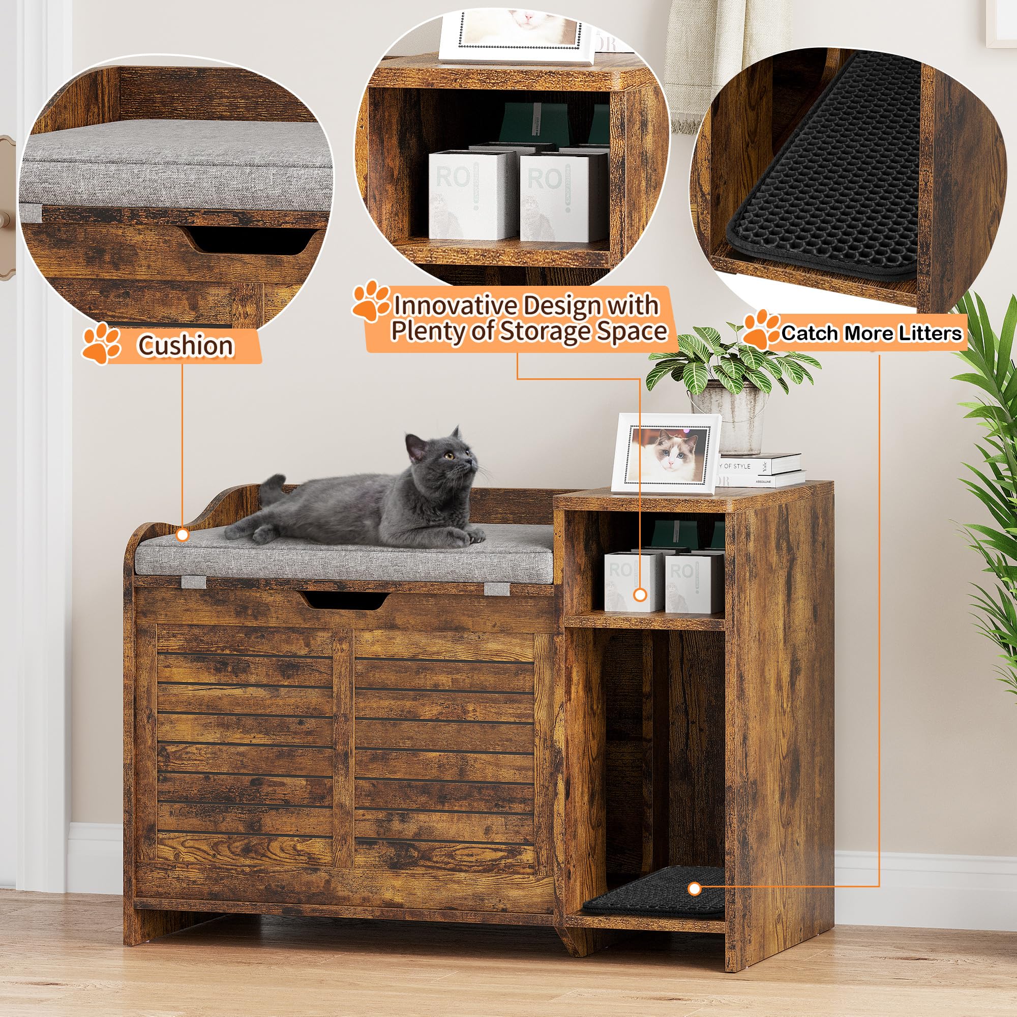 **IDEALHOUSE Cat Litter Box Enclosure with Top Opening & Cushion – Hidden Cat Litter Box Furniture, Privacy Cabinet with Storage – Modern Brown Cat House for Home & Apartment – Perfect for Small Spaces & Multi-Cat Households**