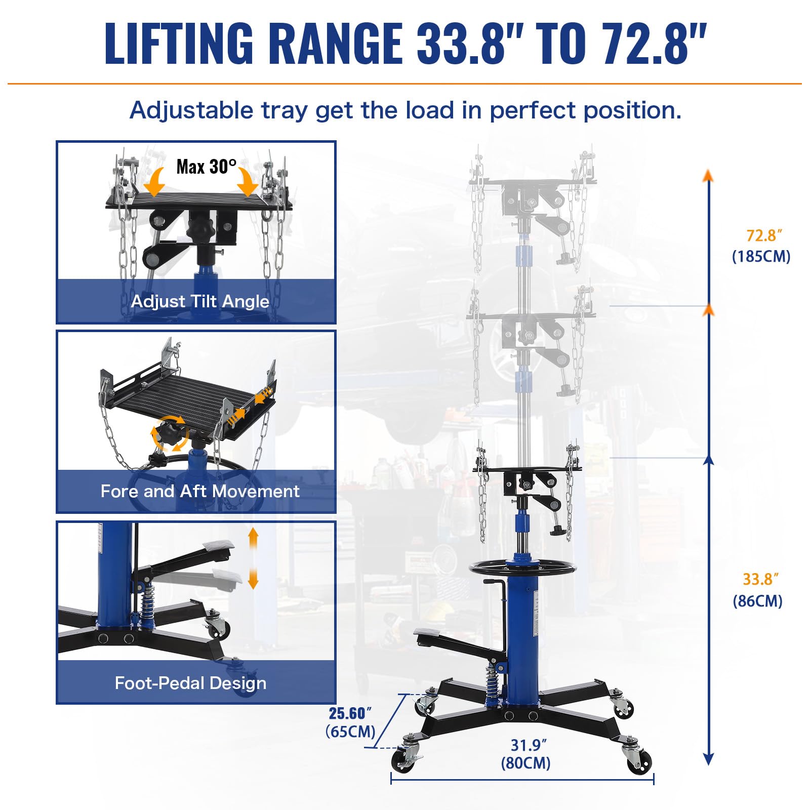 GARVEE 1322lbs Heavy Duty Transmission Jack Lift with Anti-Slip Rubber Pad, Adjustable Telescoping Hydraulic Transmission Jack for Car Repair, High Lift Single Telescopic Jacks Hoist with Foot Pedal (33.8