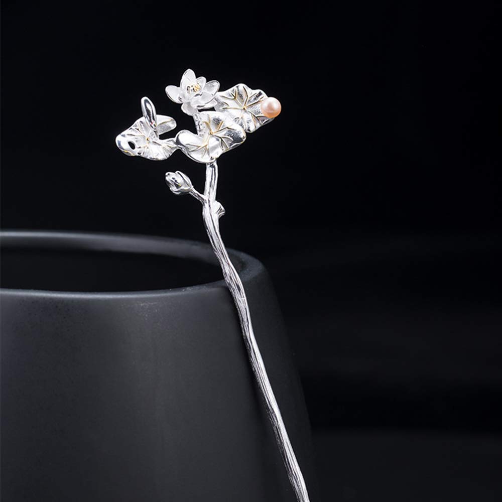 Handmade Sterling Silver S925 Hair Fork for Buns & Updos - Summer Lotus Hair Pins for Long Hair - Elegant Hair Sticks with Gift Box - Perfect for Weddings, Parties & Everyday Styling