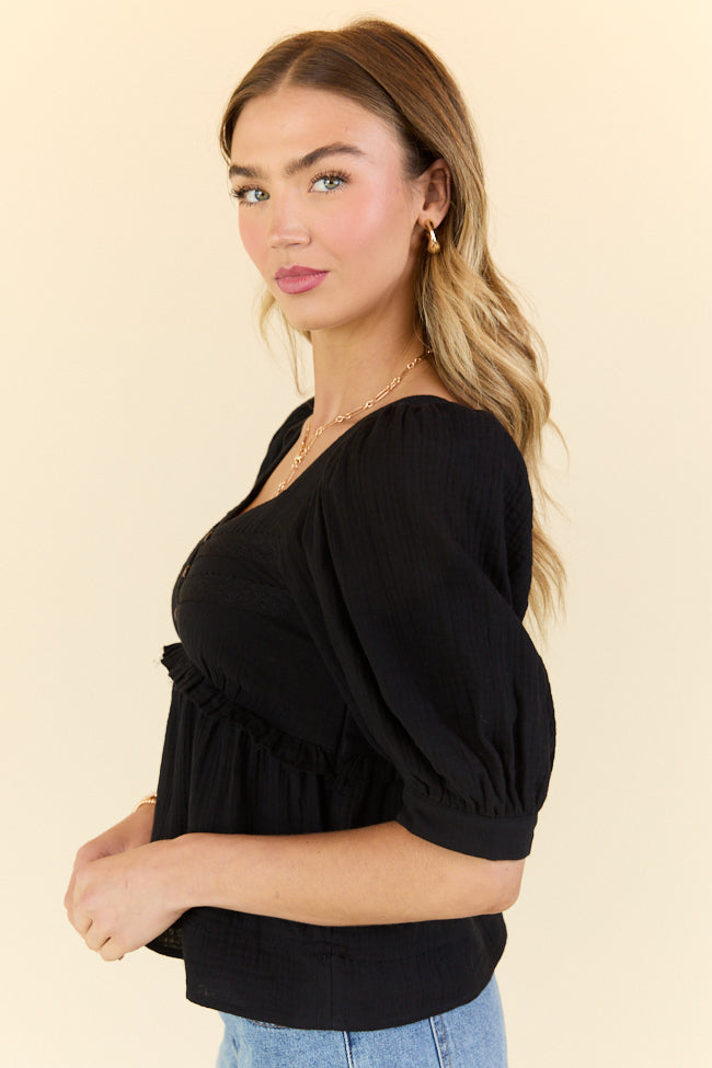 Black Babydoll Button-Up Woven Top for Women - Flowy Casual Blouse for Summer Outfits, Date Nights & Beach Cover-Up