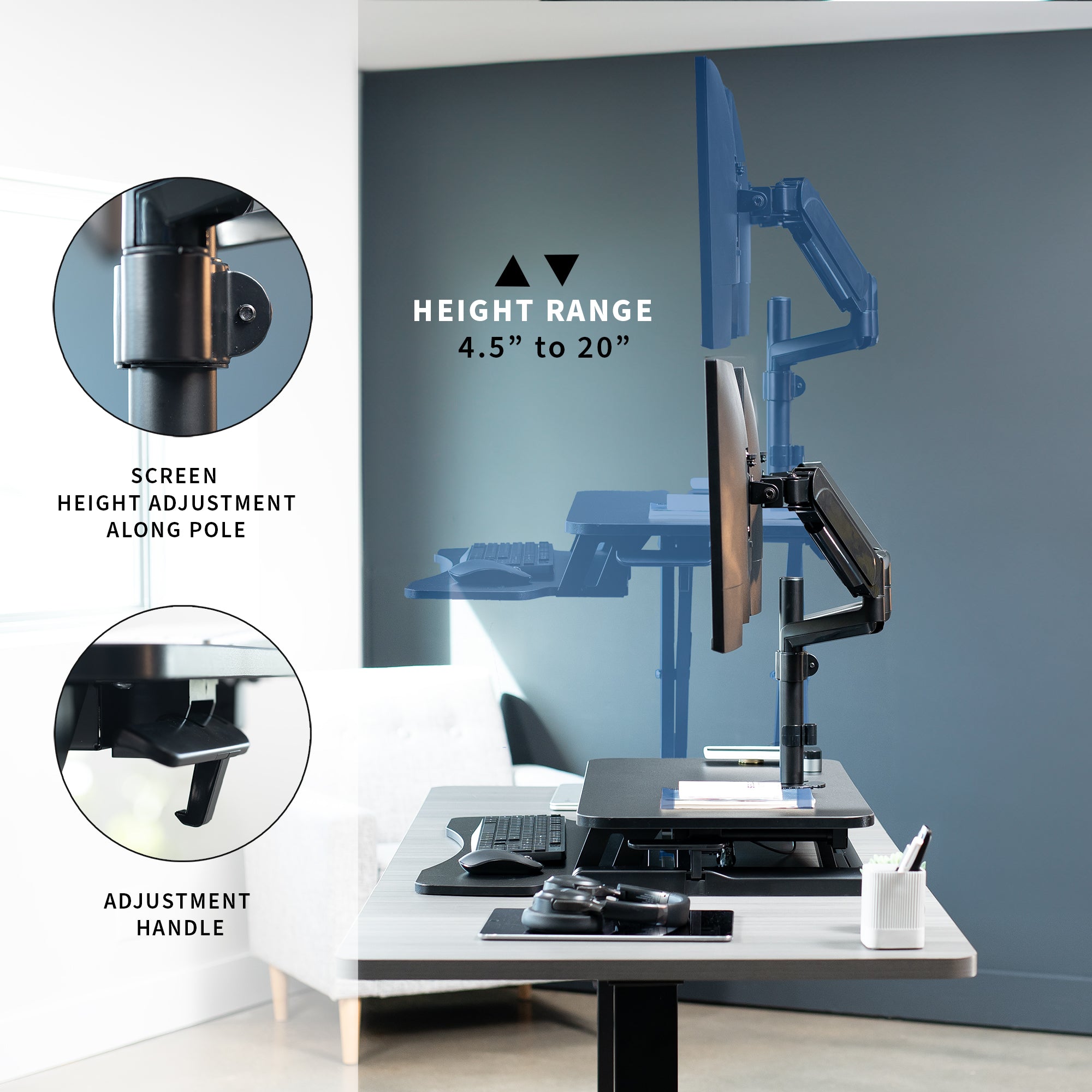 Adjustable Black Desk Riser with Pneumatic Dual Monitor Stand - Ergonomic Workspace Organizer for Home Office & Gaming Setup