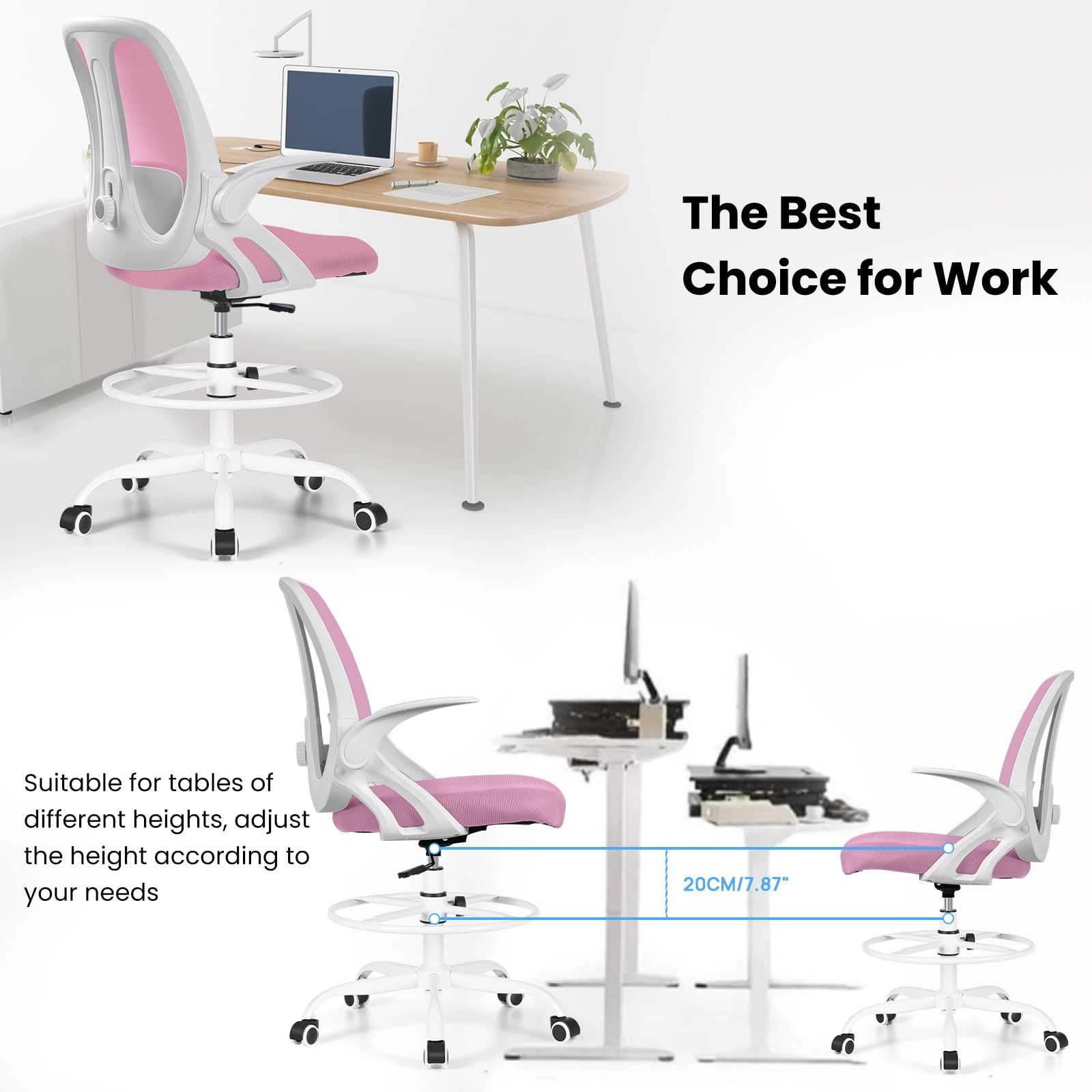 Ergonomic Drafting Chair with Adjustable Lumbar Support & Flip-Up Armrests - Tall Office Stool with Footrest Ring - Pink Executive Computer Chair for Home Office, Studio, and Standing Desk Workstations